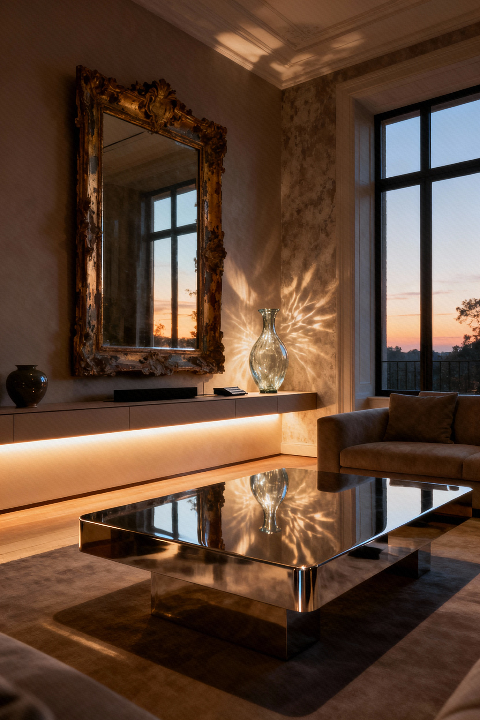 Luxurious living room interior showcasing a polished metallic coffee table reflecting soft light, an antique gilded mirror diffusing light, and artisanal glass accents, creating enhanced ambiance through light and refractive finishes.