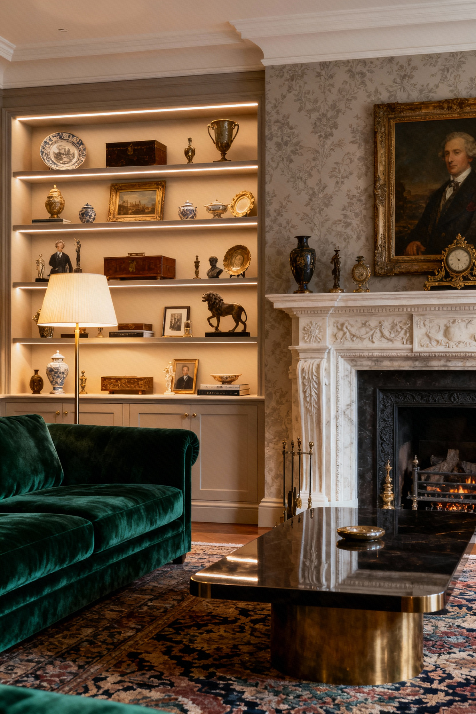 Luxurious living room interior featuring an elegantly curated collection of art, books, and decorative objects, showcasing personal style and history.