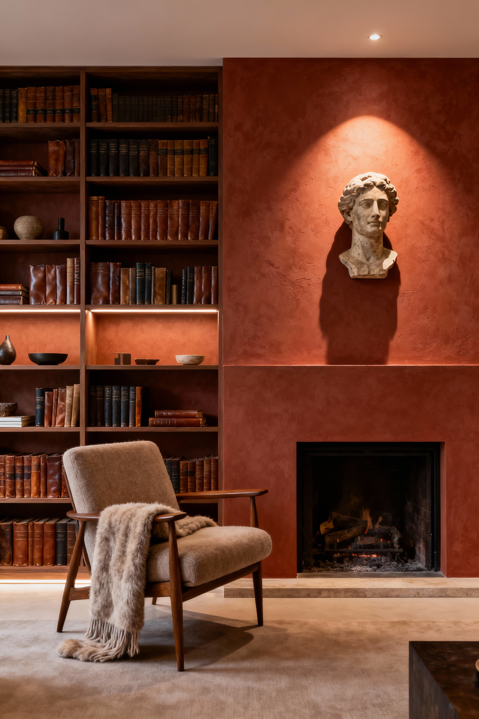 Elegant living room with a strong narrative design, showcasing curated objects, sophisticated layering, and ambient lighting, representing authored spatial design.