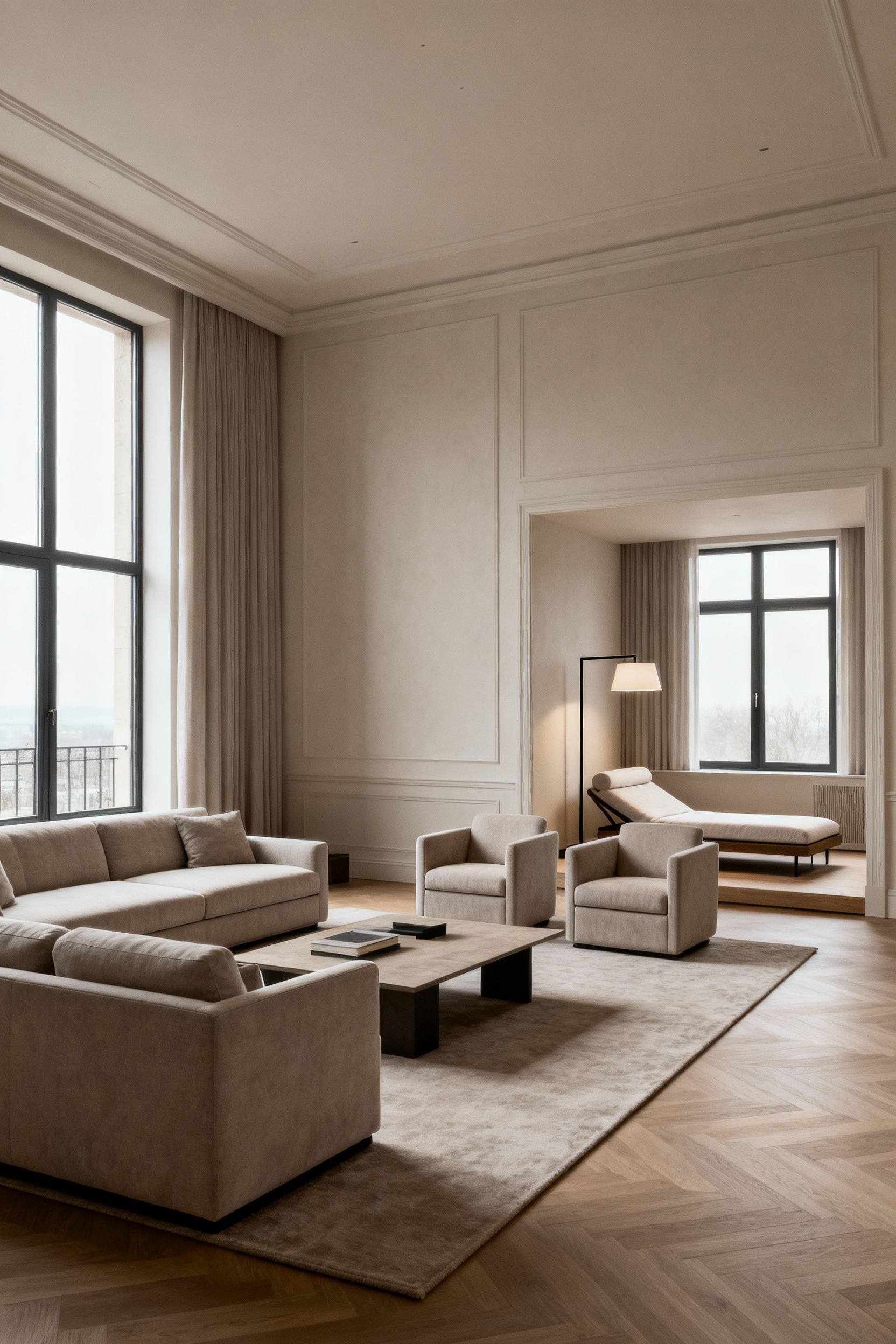 Professional photo of a living room designed with clear experiential zones, featuring strategic furniture groupings for conversation and reading, emphasizing clear sightlines and functional design.