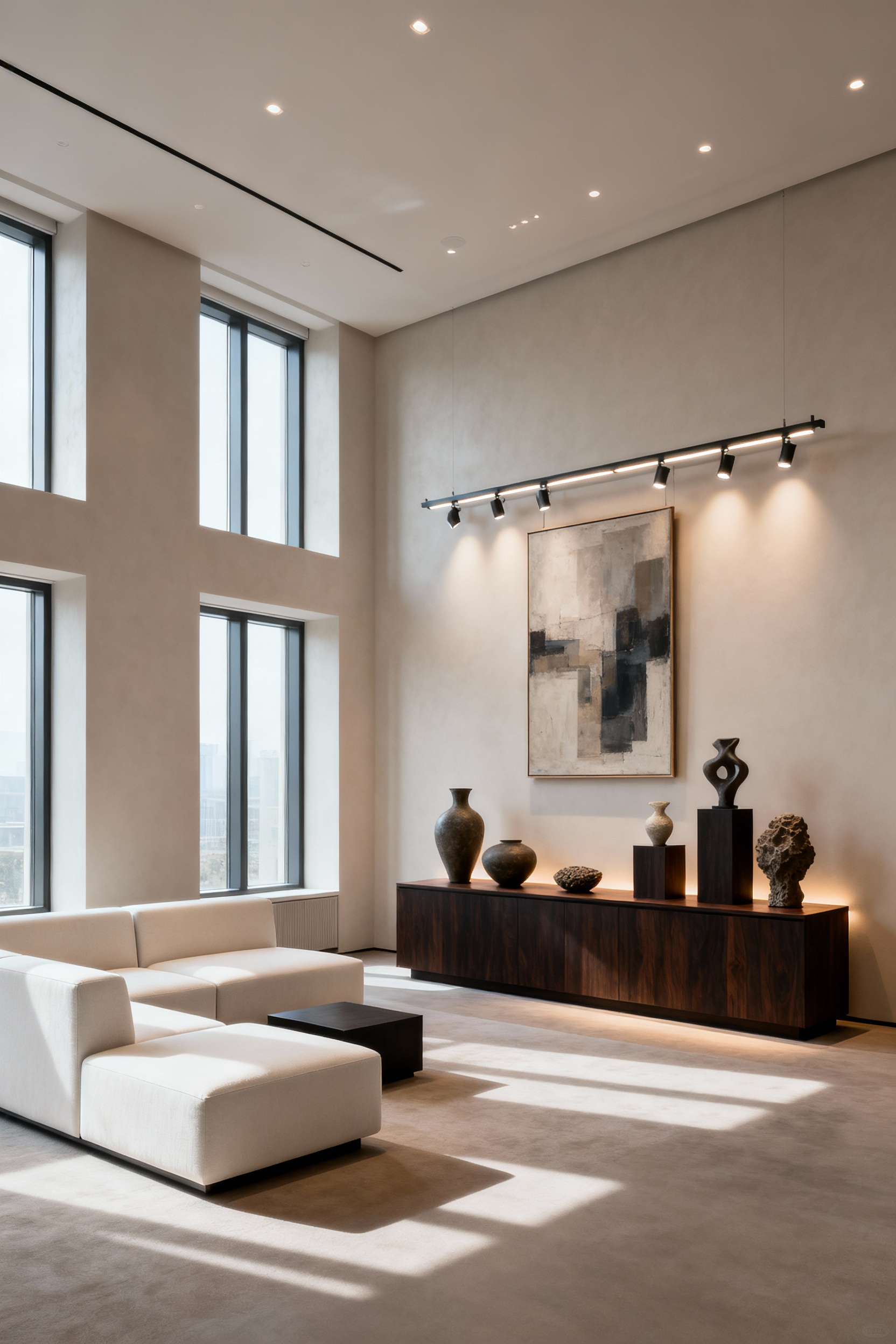 Luxurious living room featuring modular seating, flexible object display on pedestals, and adaptable lighting, embodying dynamic design principles.