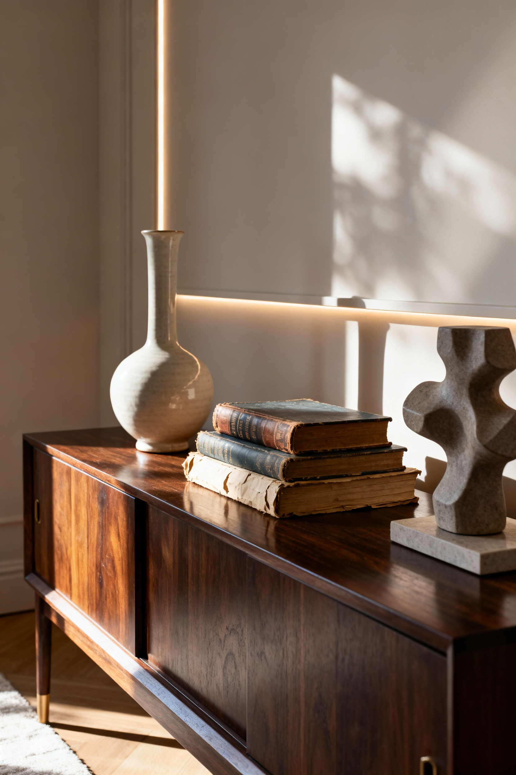 Beautifully styled living room vignette with curated objects on a console table, showcasing elegant composition and accent lighting for a sophisticated interior.