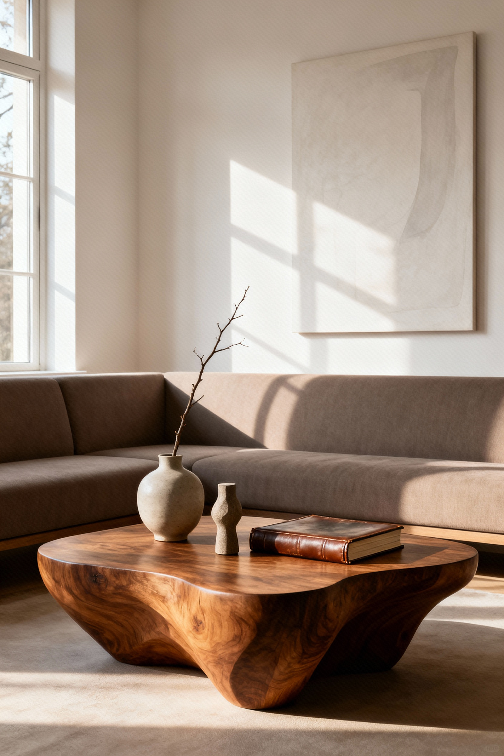 A serene and minimalist living room showcasing subtractive design principles with curated furniture, ample negative space, and a single piece of abstract art, bathed in natural light.