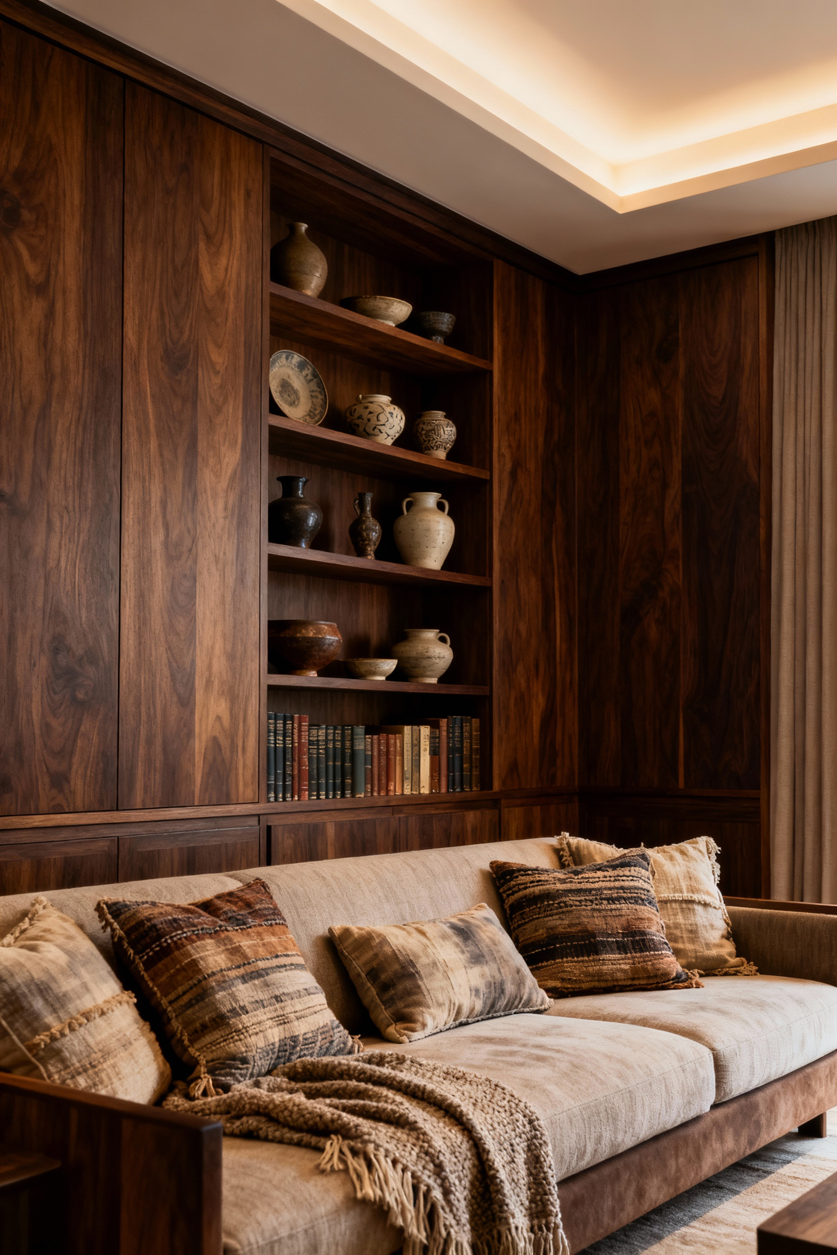 Luxurious living room with bespoke dark oak joinery and artisan woven textiles like cushions and throws, featuring built-in shelving and soft lighting.