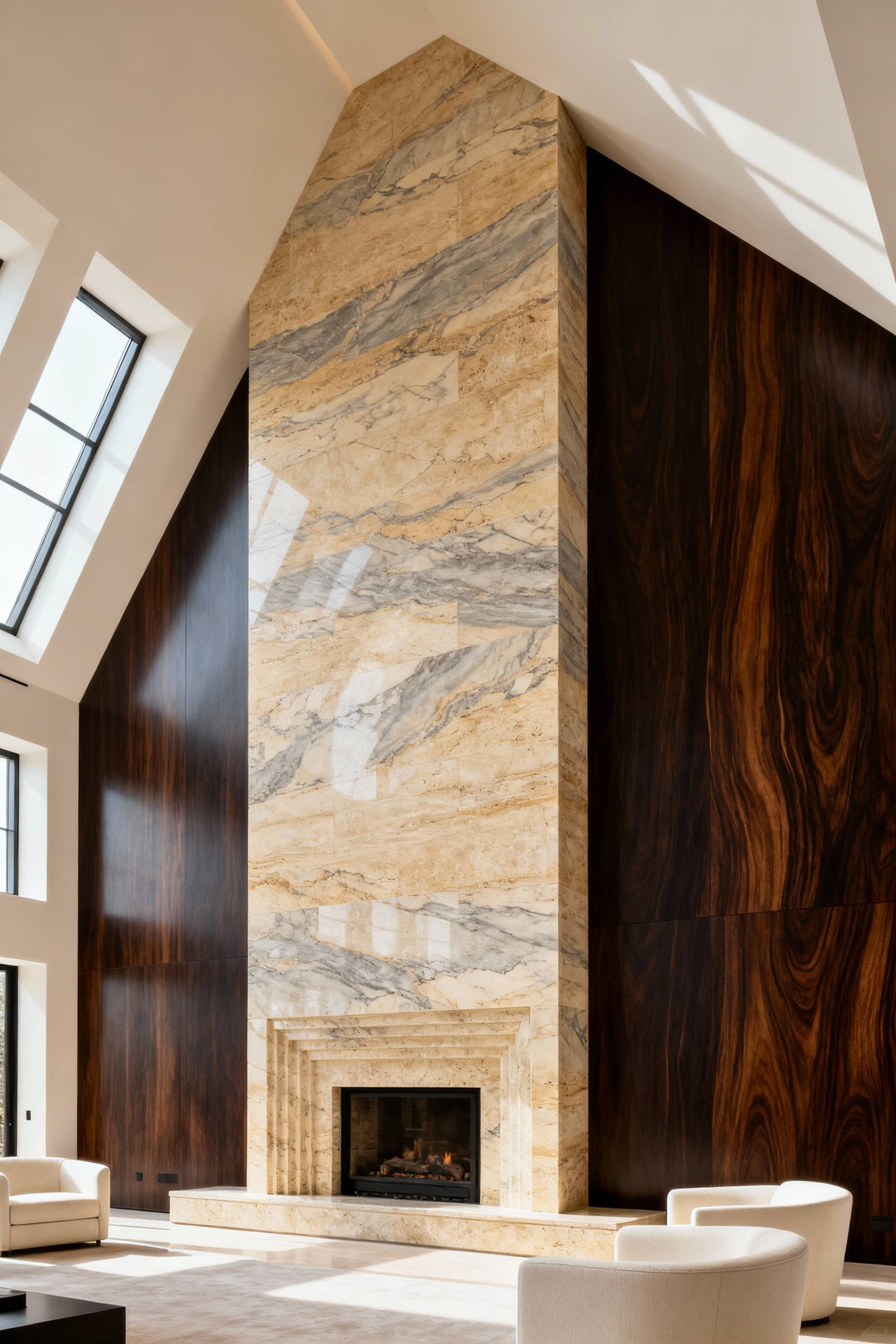 A luxurious living room featuring a book-matched indigenous travertine stone fireplace and an exotic Macassar ebony wood veneer accent wall, showcasing sophisticated surface design and natural textures.