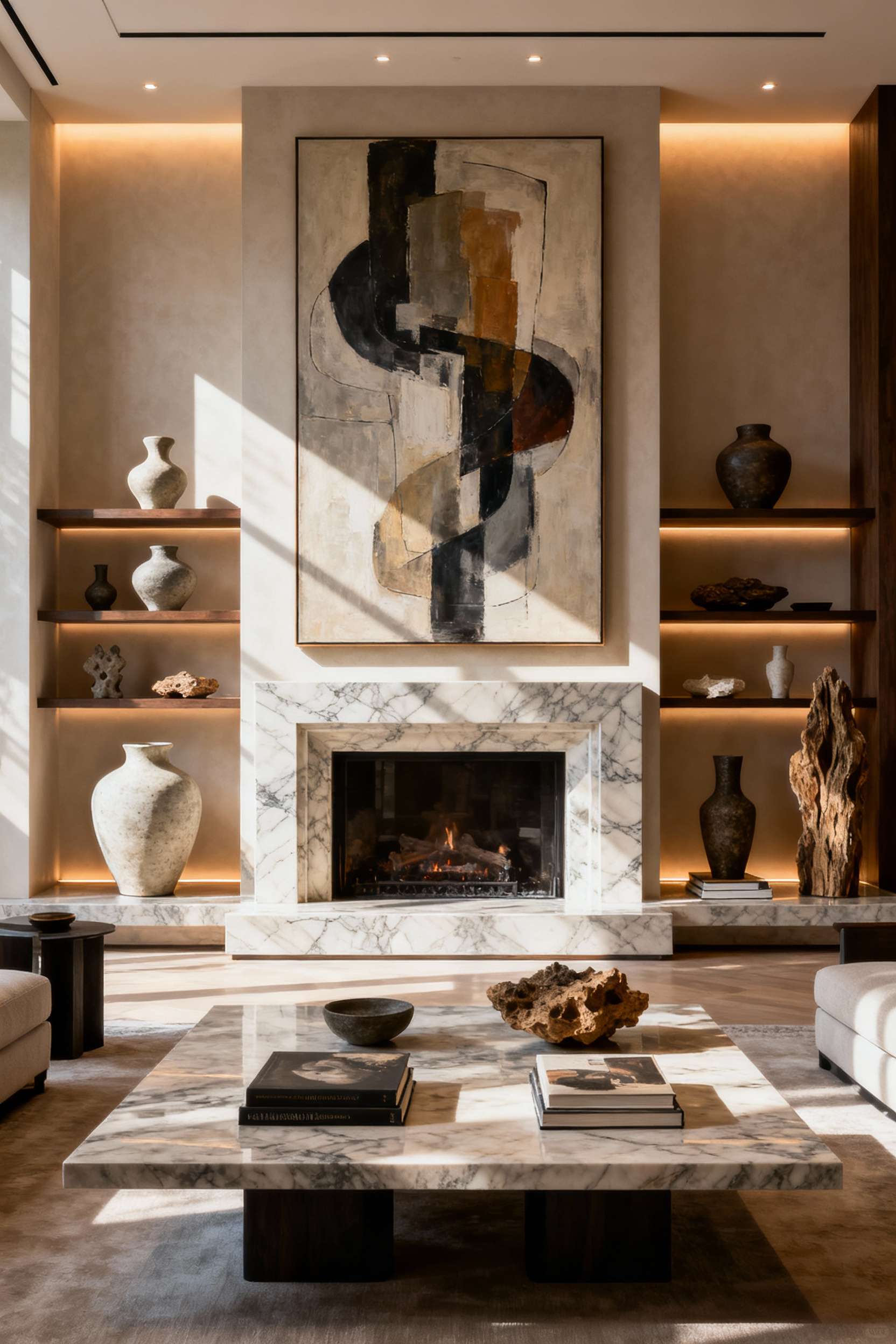 Elegant living room with a strong visual hierarchy, featuring a prominent artwork, layered decorative objects, and strategic lighting.