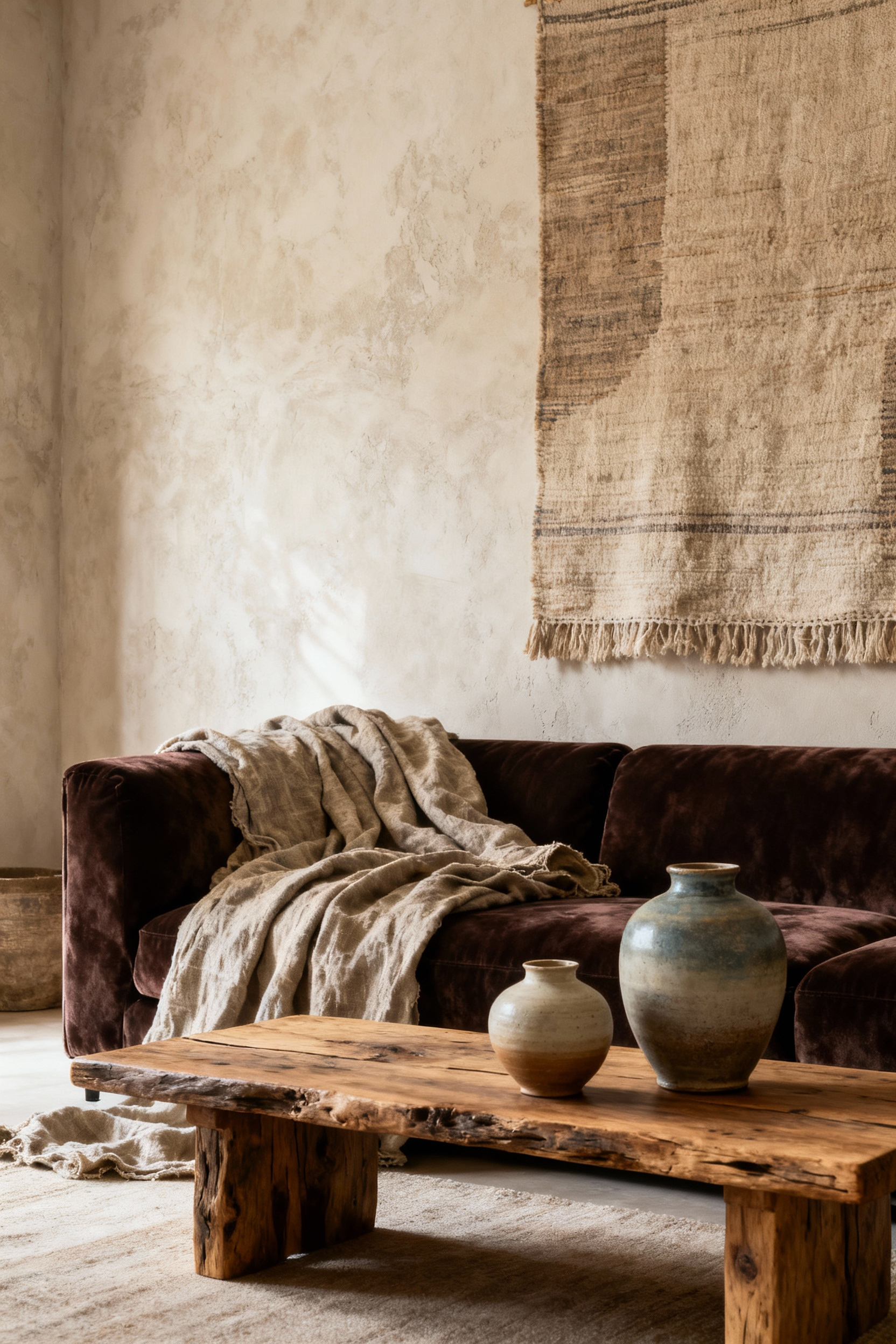 Luxurious living room showcasing multi-layered textural design with plush fabrics, raw wood, ceramic details, and soft, diffused lighting for emotional resonance.