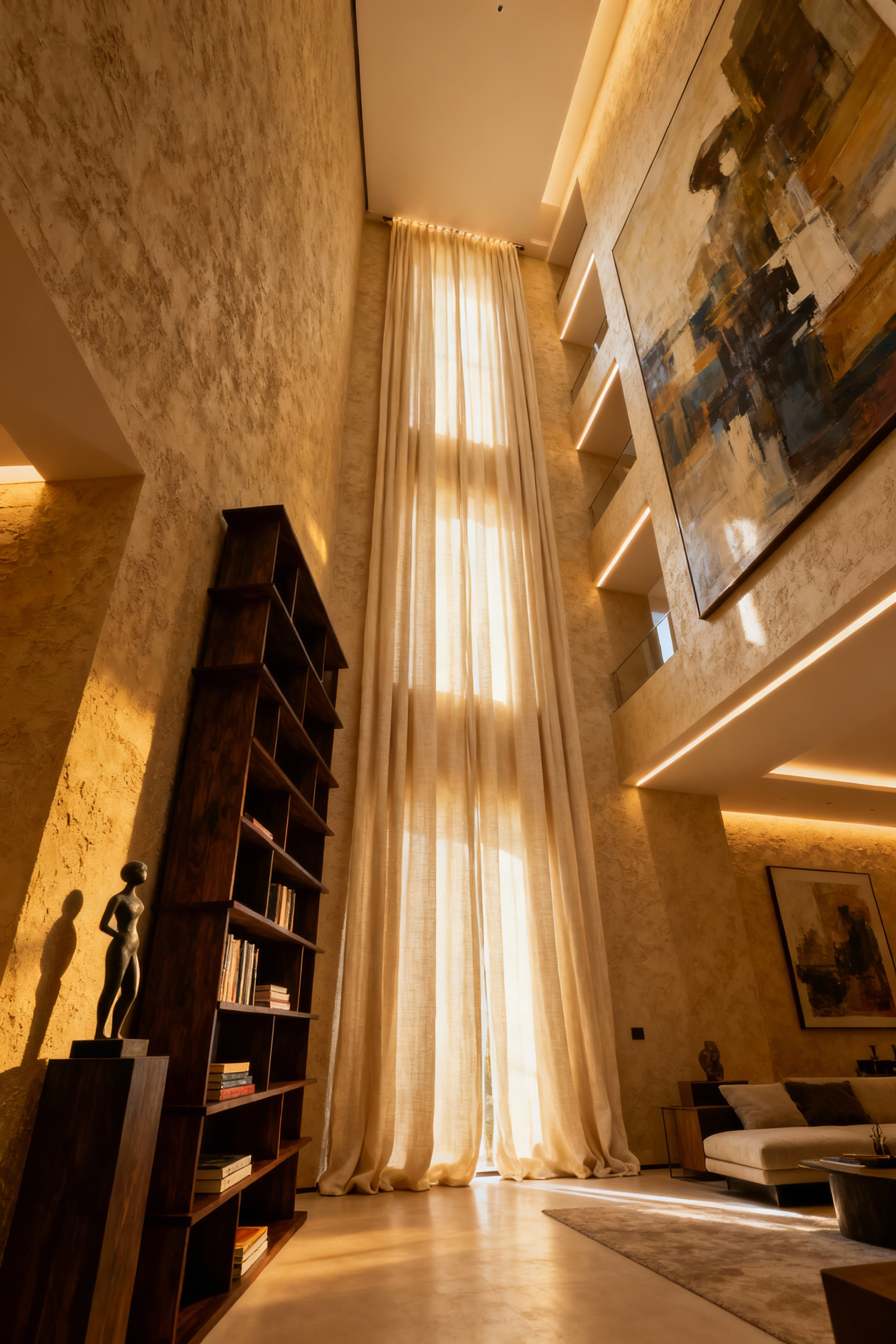 Luxurious living room showcasing extreme verticality with floor-to-ceiling drapes, a tall étagère, and an upward-extending gallery wall, emphasizing grandeur and spaciousness through vertical living room design.