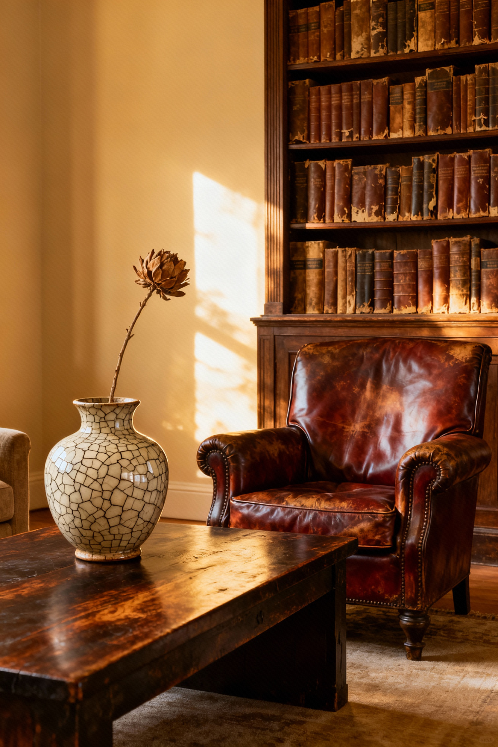 Elegant living room featuring a rich brown leather club chair with visible patina, a dark antique wooden coffee table, and a ceramic vase with crazing, all contributing to a soulful, grand aesthetic through authored patina. Timeless interior design, collected history.