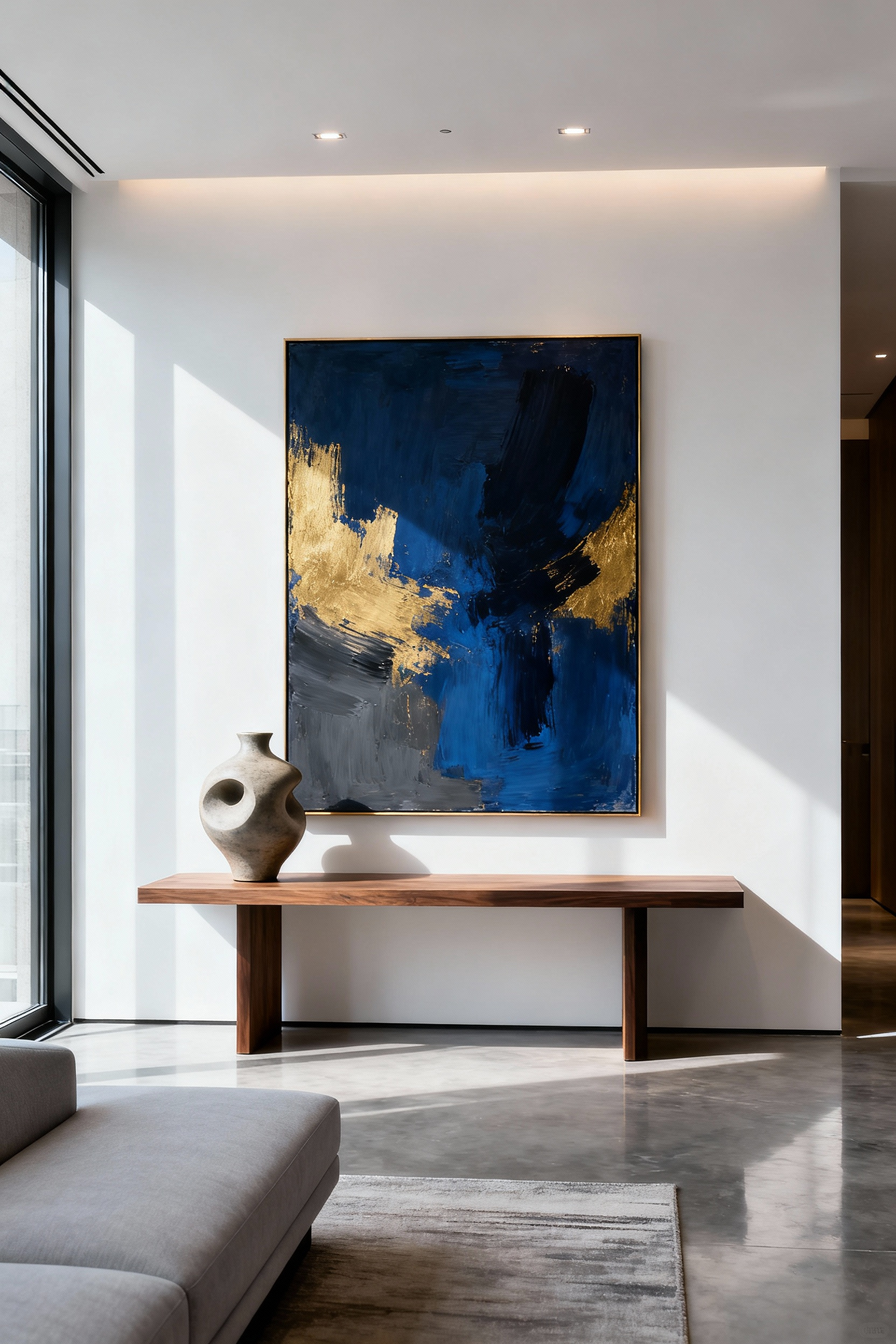 A sophisticated living room featuring an oversized abstract painting as the commanding central focal point, paired with a minimalist console and a sculptural ceramic vase below, set against a backdrop of modern elegance.