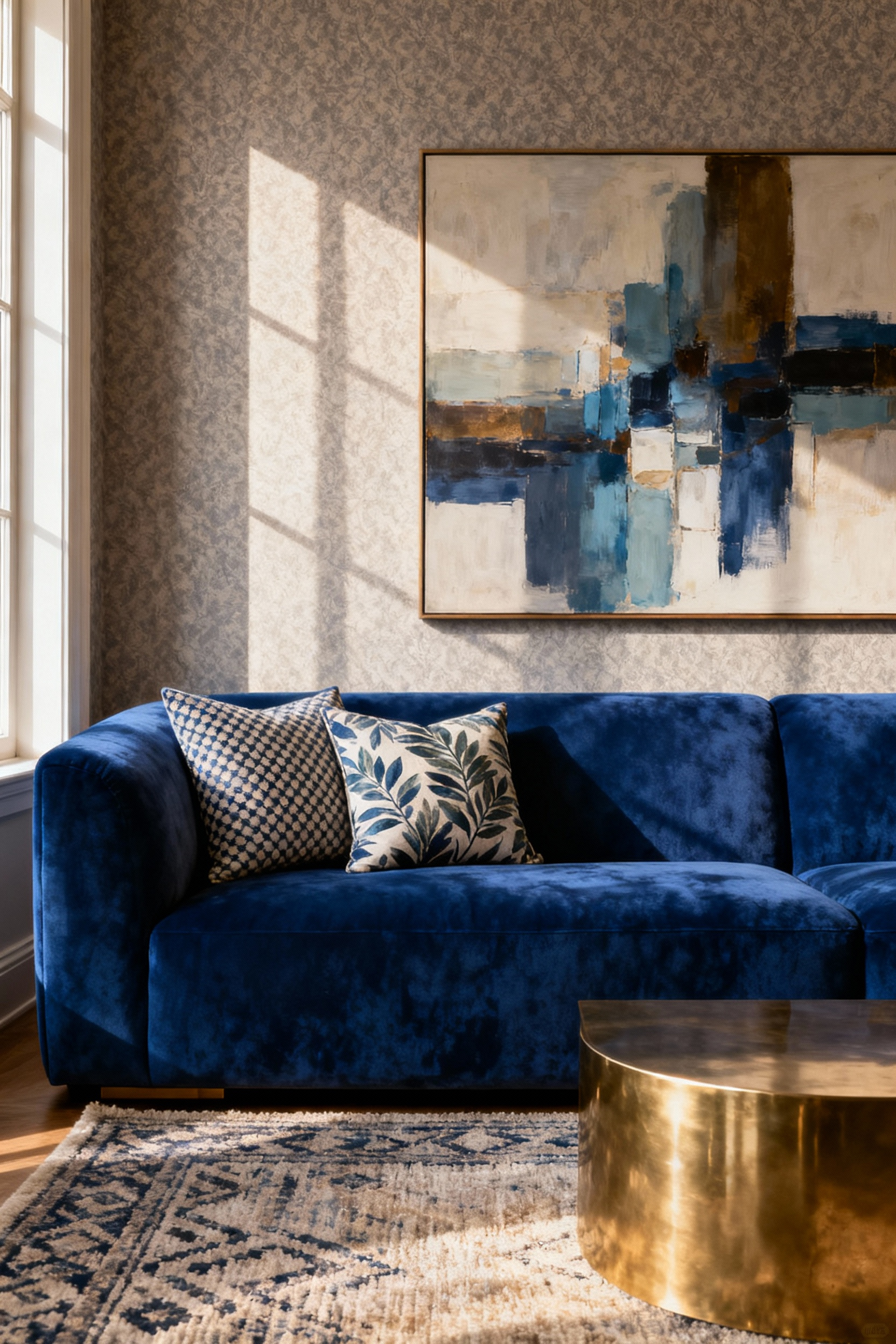 Luxurious living room showcasing rhythmic cadence with sapphire blue sofa, patterned pillows, abstract art, textured rug, and subtle wallpaper, illustrating cohesive flow and vibrancy.
