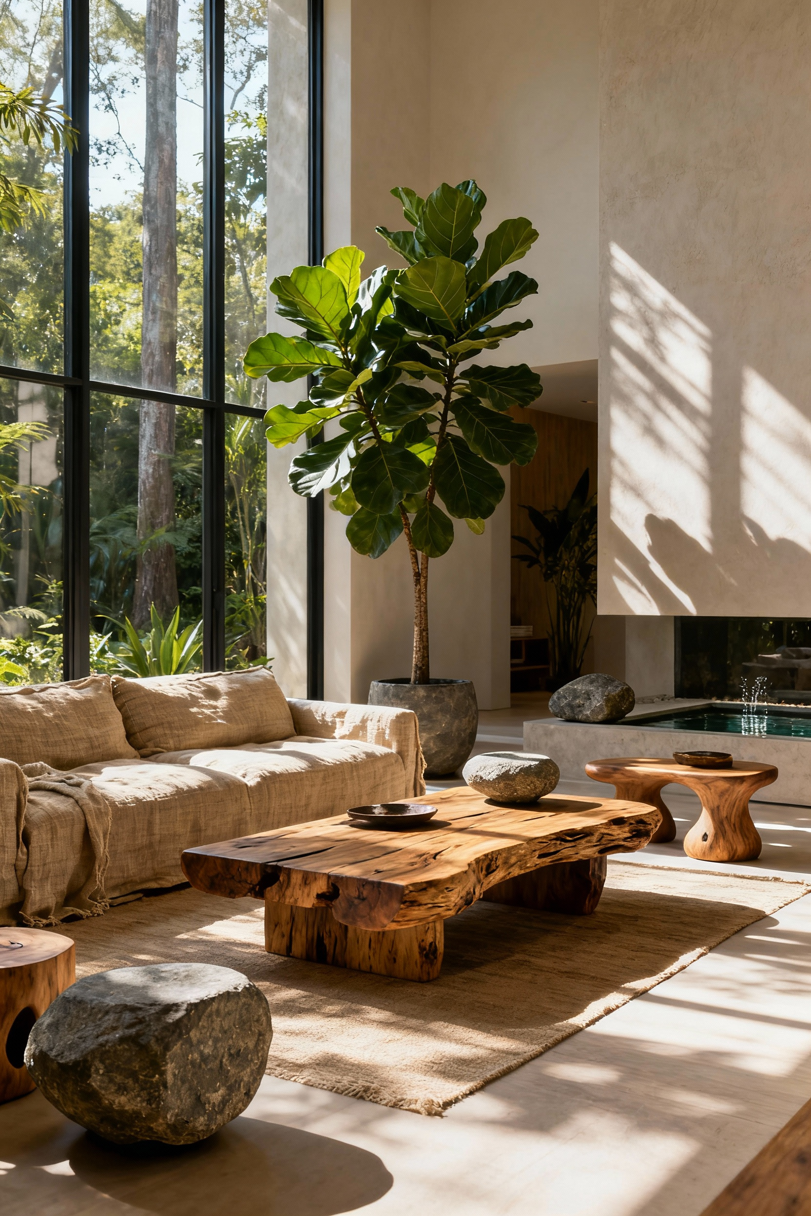 A serene biophilic living room featuring natural daylight, large indoor plants, raw wood furniture, and stone accents. Biomorphic shapes are present in the decor, with light and shadows creating depth and a calm atmosphere.