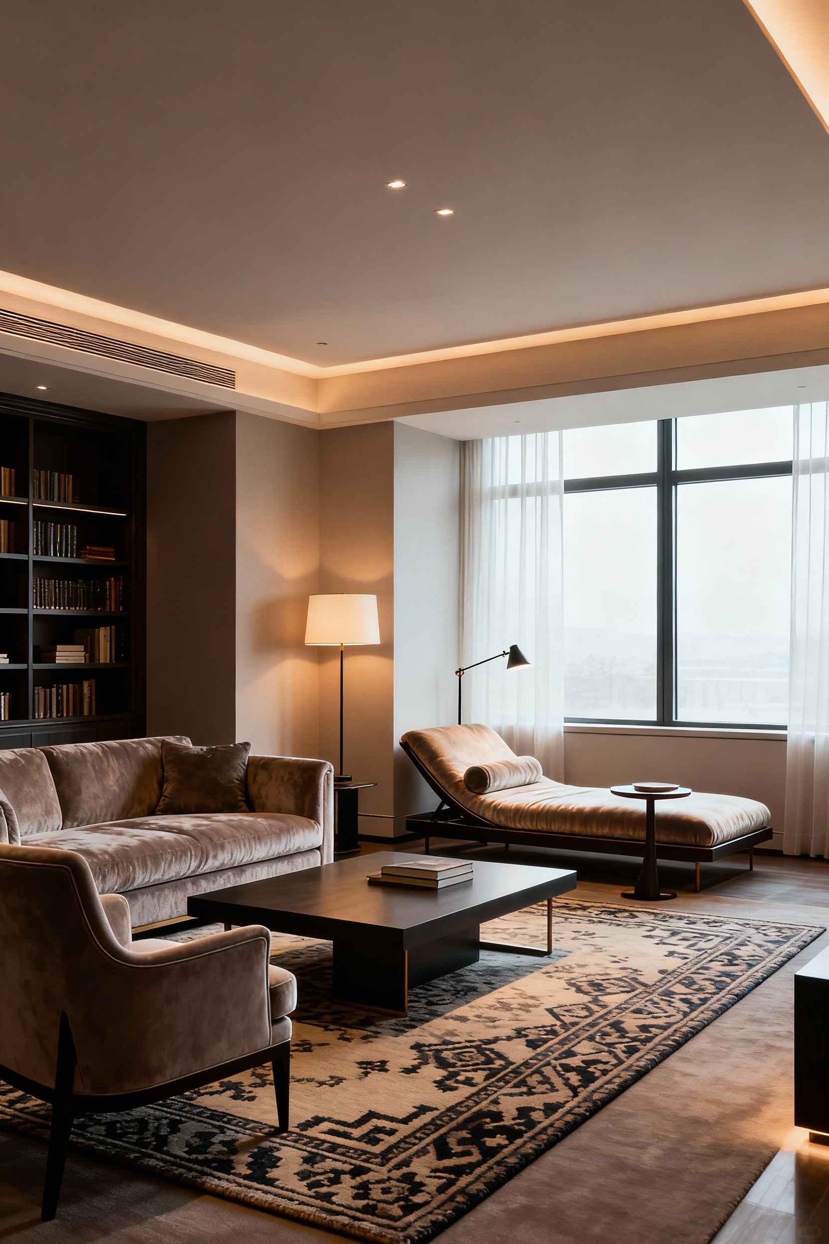 A thoughtfully designed living room illustrating clear social and solitary zones, with a plush sofa defining the conversational area and a cozy armchair by a window for reading, delineated by rugs and ambient lighting, all within a modern architectural setting.
