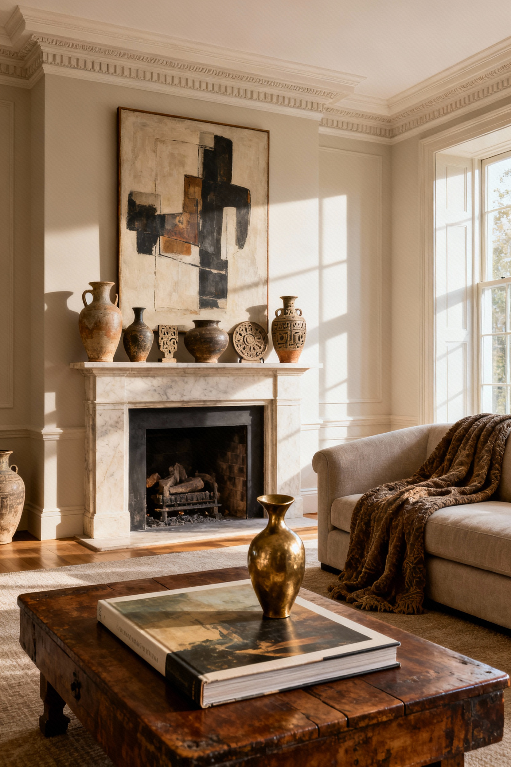 A luxurious living room interior designed with timeless furniture, curated art, and layered decor creating an enduring aesthetic with ample negative space.