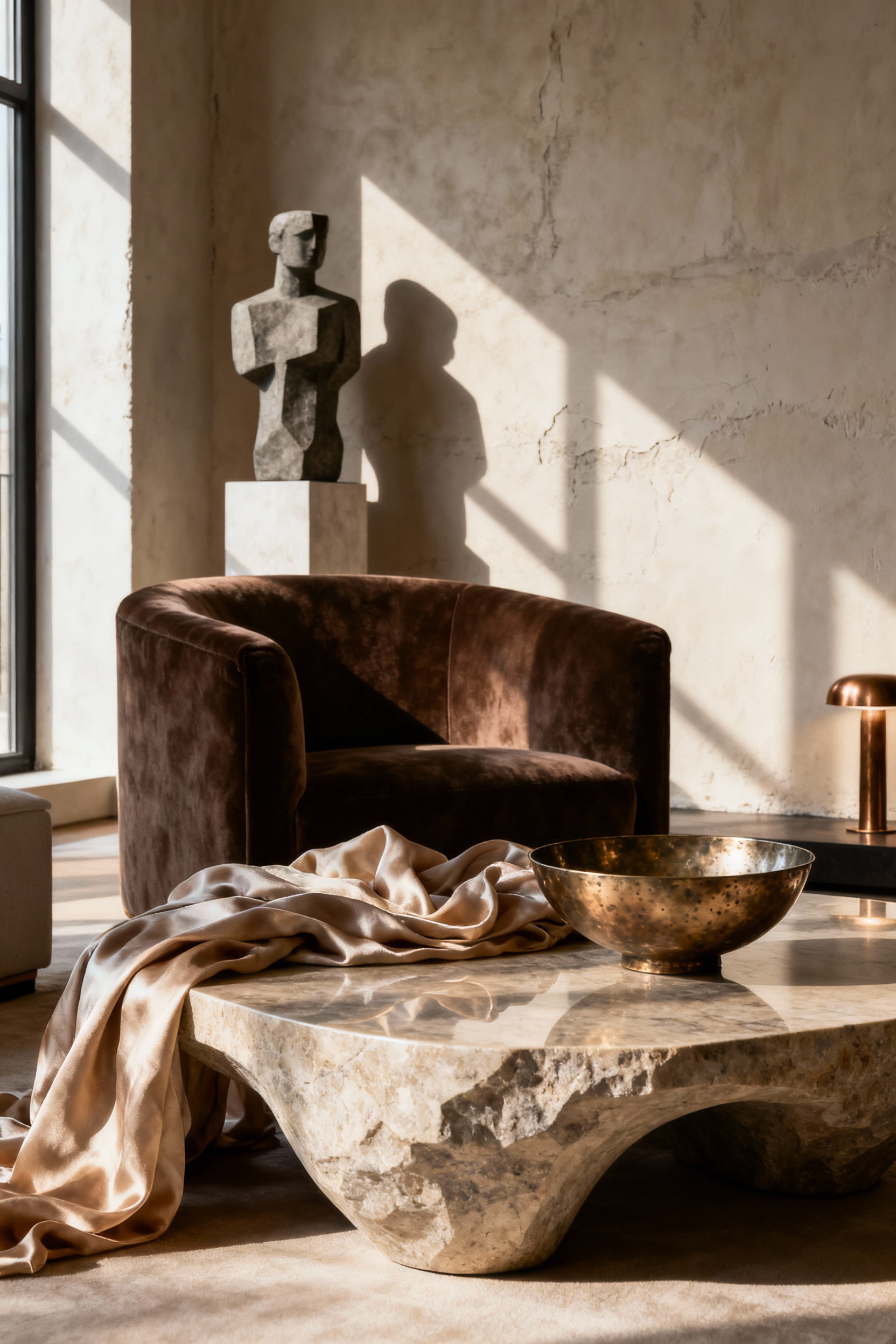 A sophisticated living room vignette featuring a polished stone coffee table, raw silk textile, hammered metal decor, a velvet armchair, and a brutalist sculpture against a textured plaster wall, demonstrating layered elemental compositions and tactile depth.