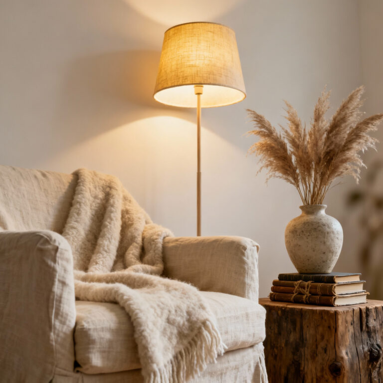 Portrait of a cozy bedroom corner with a linen armchair, wool throw, ceramic vase with pampas grass, and warm lamp light, symbolizing a defined aesthetic.
