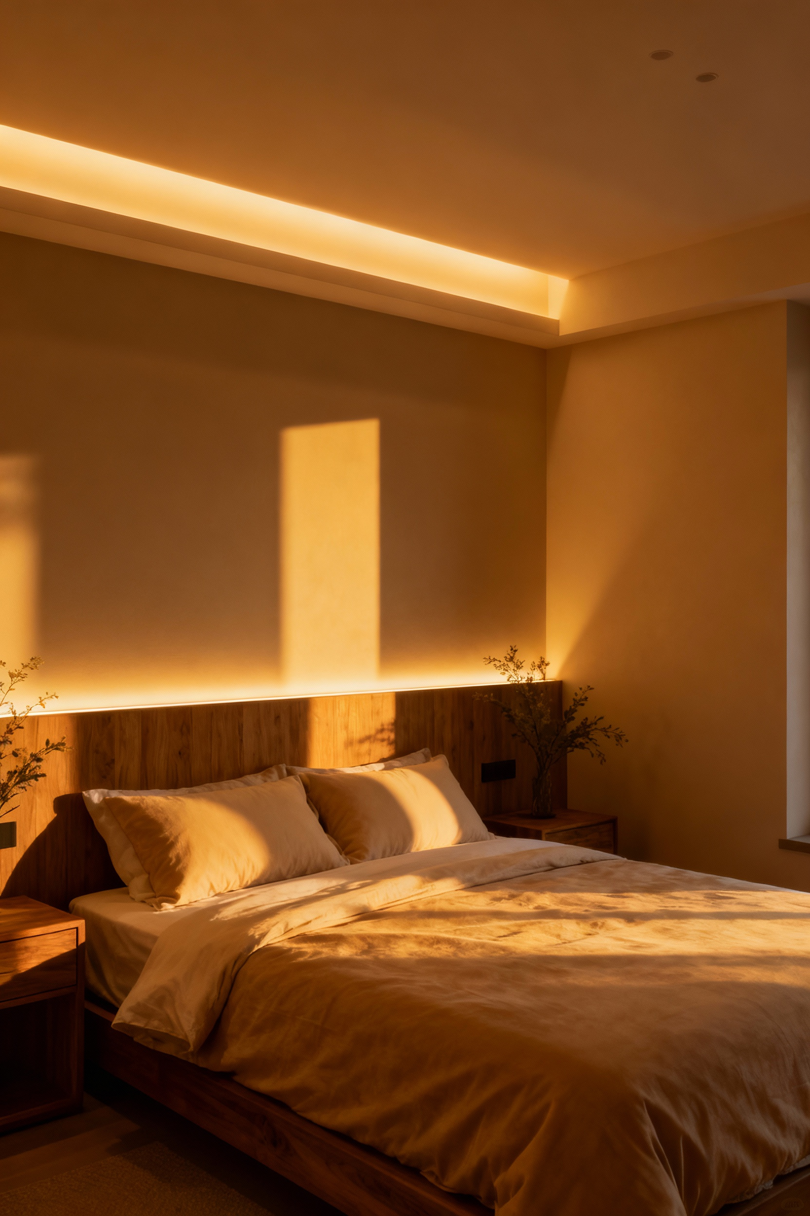 A serene bedroom at dusk with warm, indirect circadian lighting creating a cozy and relaxing atmosphere. The room features soft textures, natural wood, and plants, promoting optimal wellbeing.