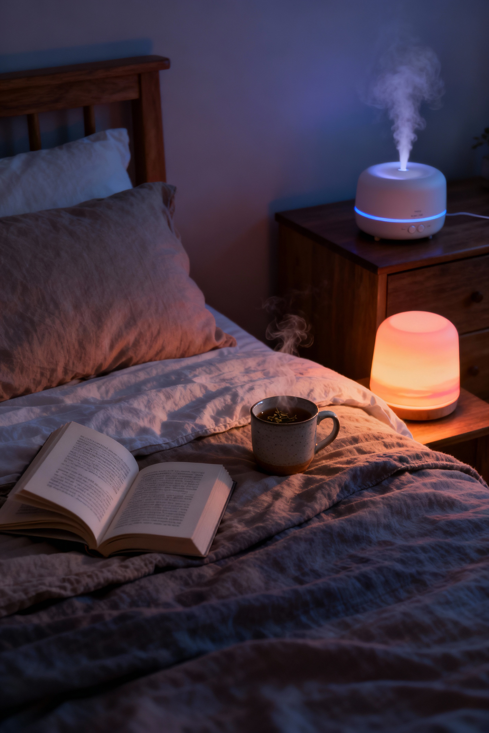A warm, dimly lit bedroom showing a neatly made bed, a steaming mug, and an open book on a nightstand, evoking a serene nightly decompression routine.