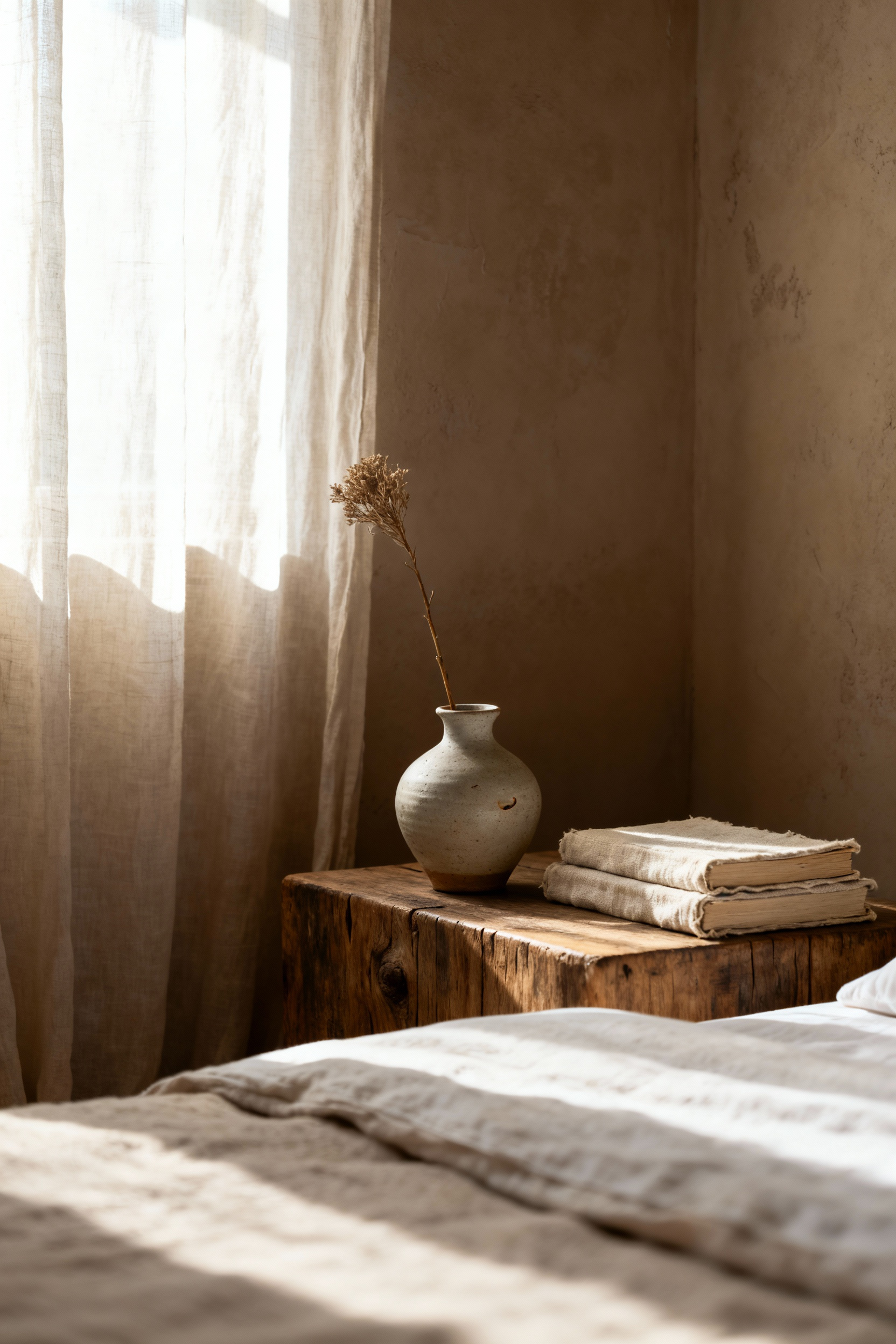 A serene Wabi-Sabi bedroom vignette with an unpolished wood bedside table, a perfectly imperfect handcrafted ceramic vase, and soft linen textiles under gentle natural light.