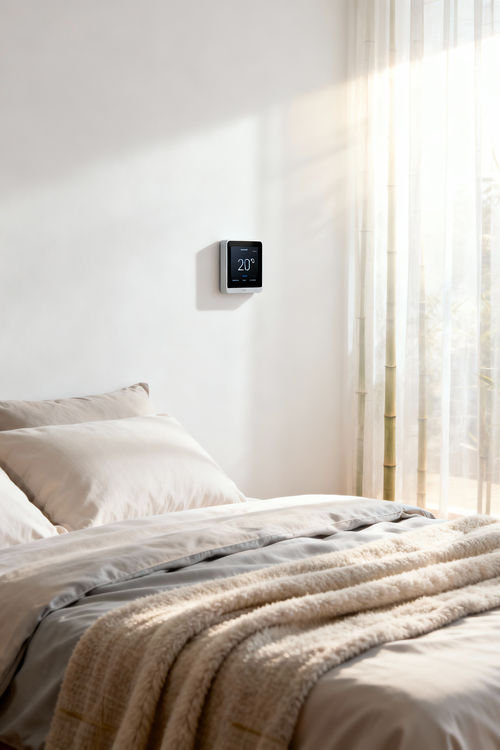 A minimalist bedroom features a subtle smart thermostat on a pristine white wall, soft layered bedding on a cozy bed, and ambient morning light streaming through sheer curtains, evoking adaptive temperature management for optimal comfort.