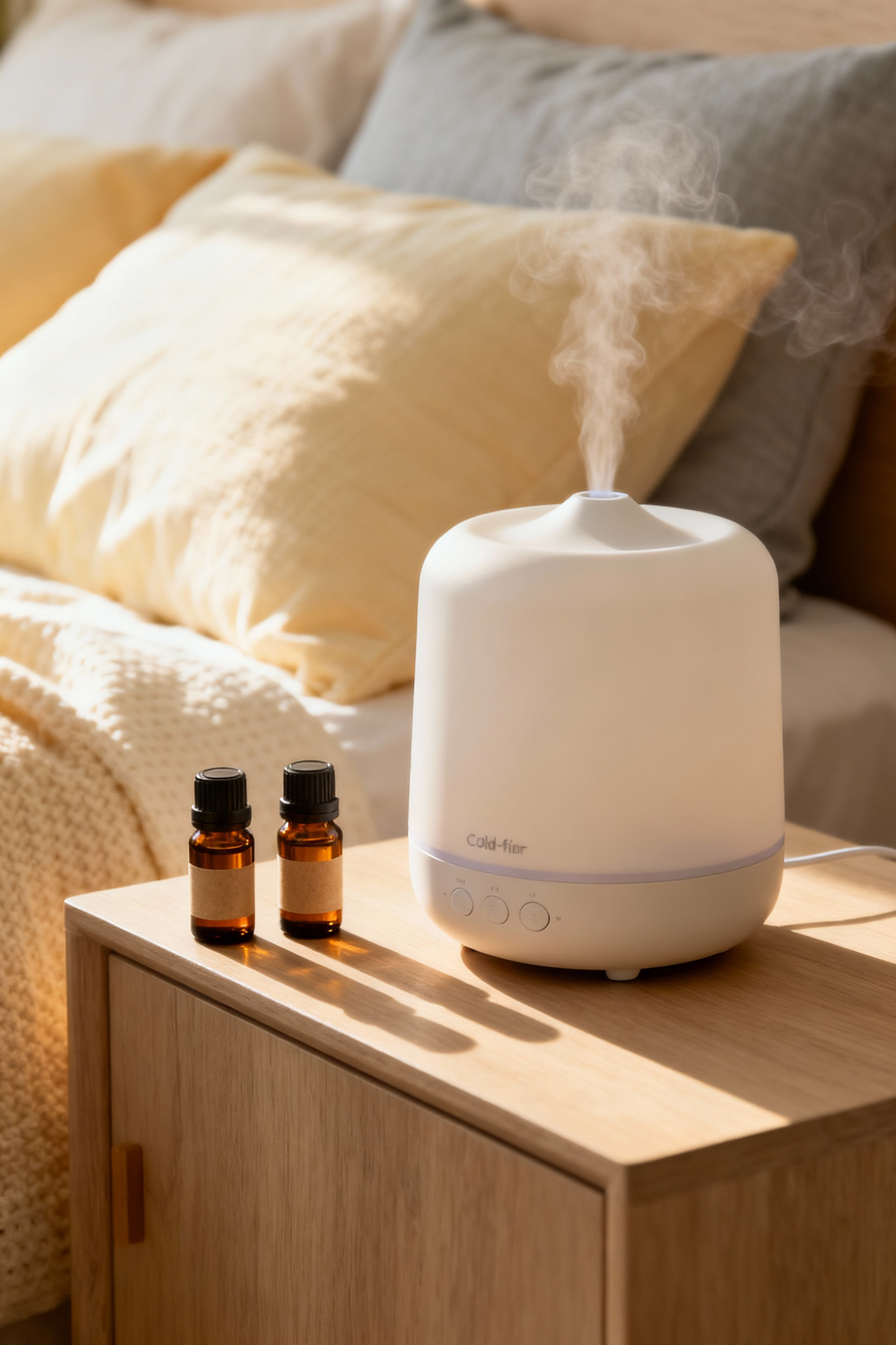 An elegant, modern essential oil nebulizing diffuser on a light wooden bedside table, accompanied by three amber essential oil bottles. Soft morning light bathes the cozy bedroom scene, highlighting luxurious bedding in the background, conveying tranquility and relaxation.
