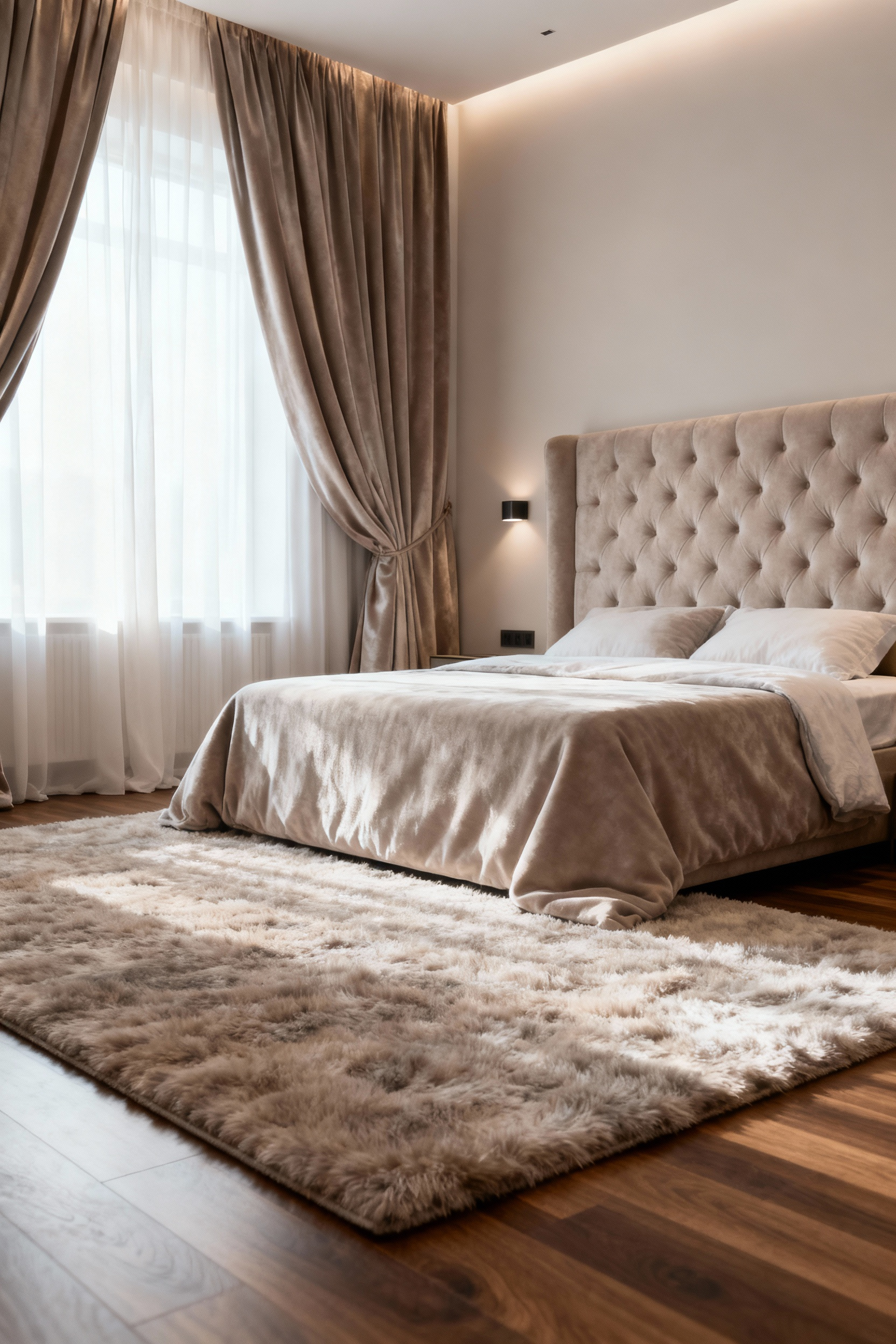 Bedroom with heavy drapes, plush rug, and upholstered furniture designed for acoustic comfort and soundscaping for deep relaxation.