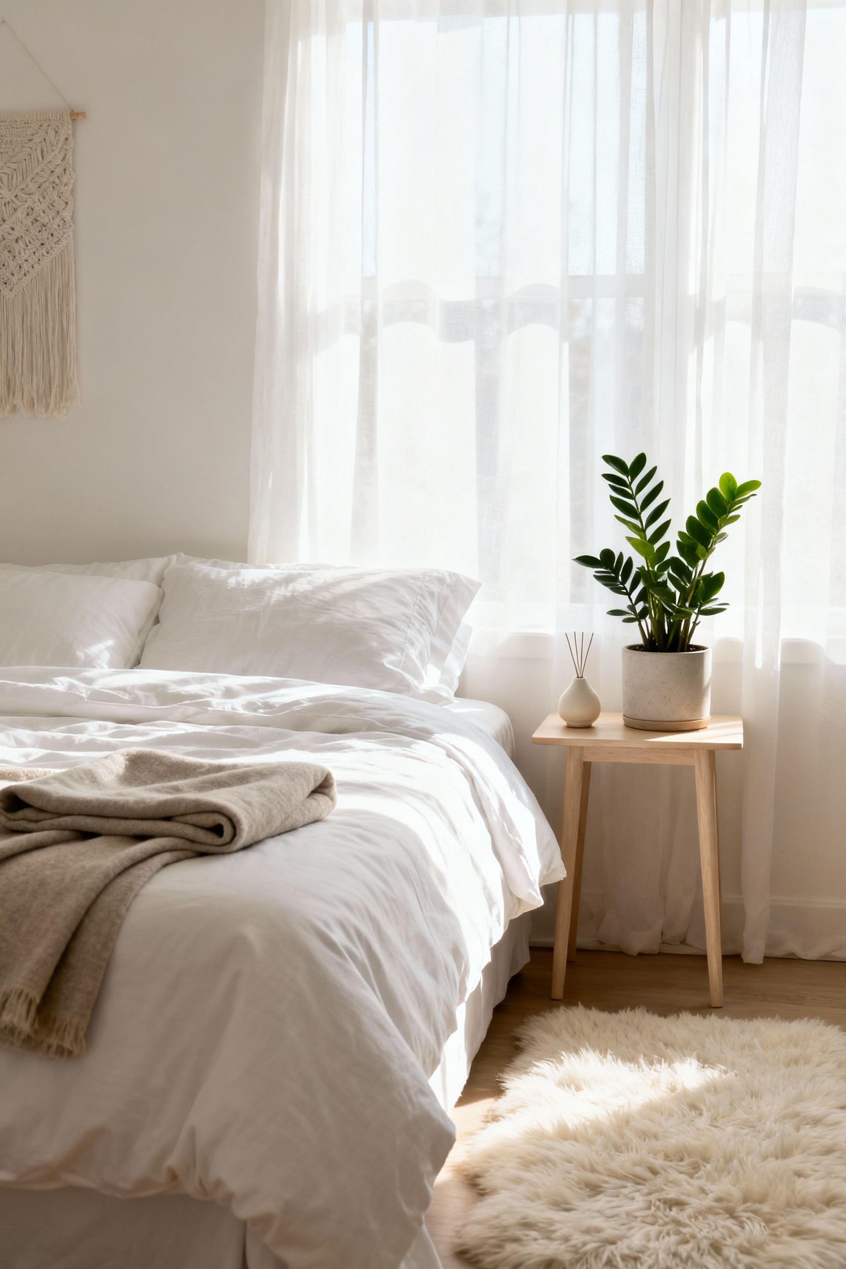 A pristine and serene bedroom with perfectly arranged white linen bedding, a subtle scent diffuser, a healthy green plant, and soft diffused lighting, emphasizing sustained sensory integrity for enduring coziness.