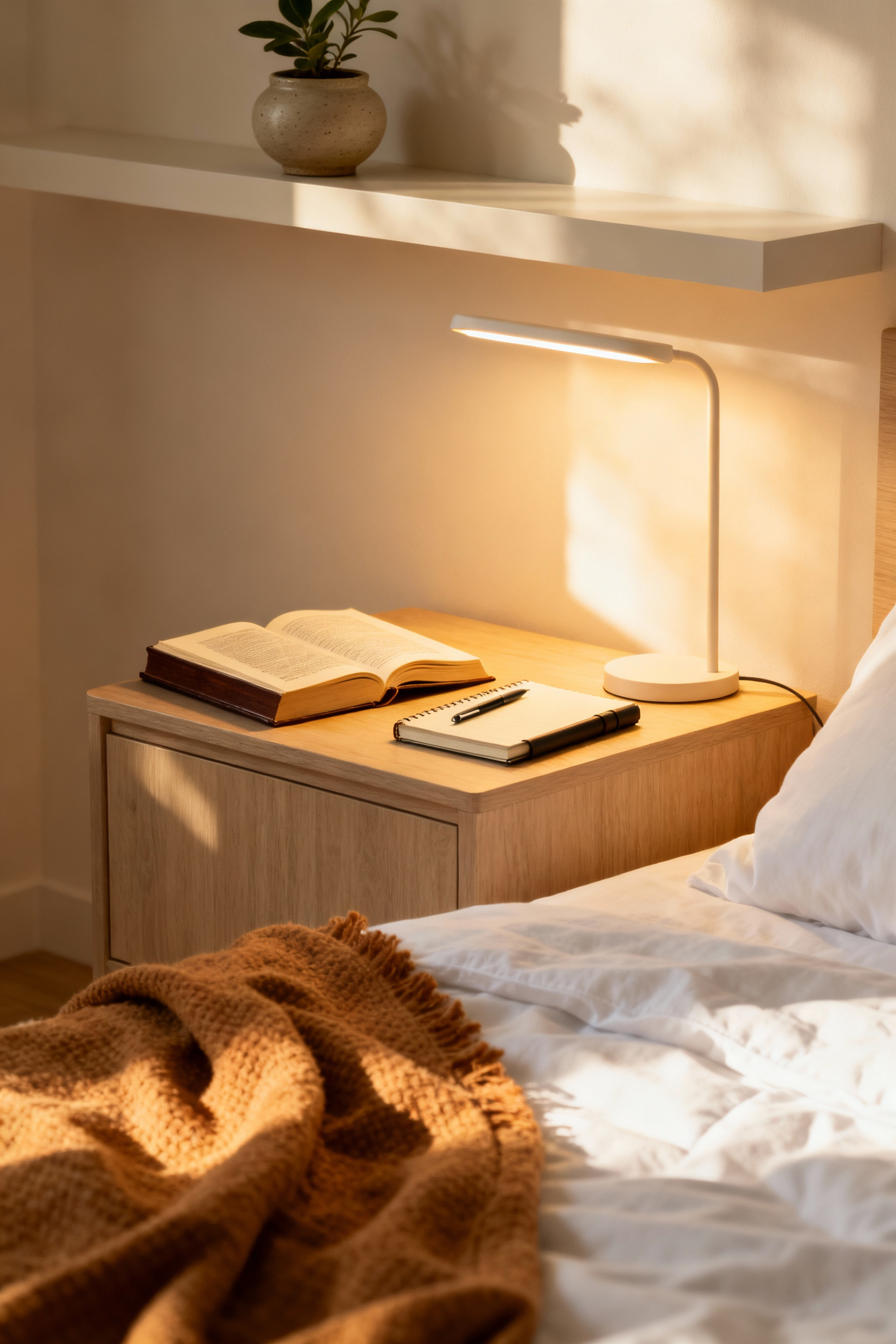 Cozy bedside table in a bedroom tech-free zone, featuring a warm reading lamp, an open book, and a journal, with a soft throw blanket on crisp white linens, bathed in gentle natural light, illustrating genuine disconnection and relaxation.