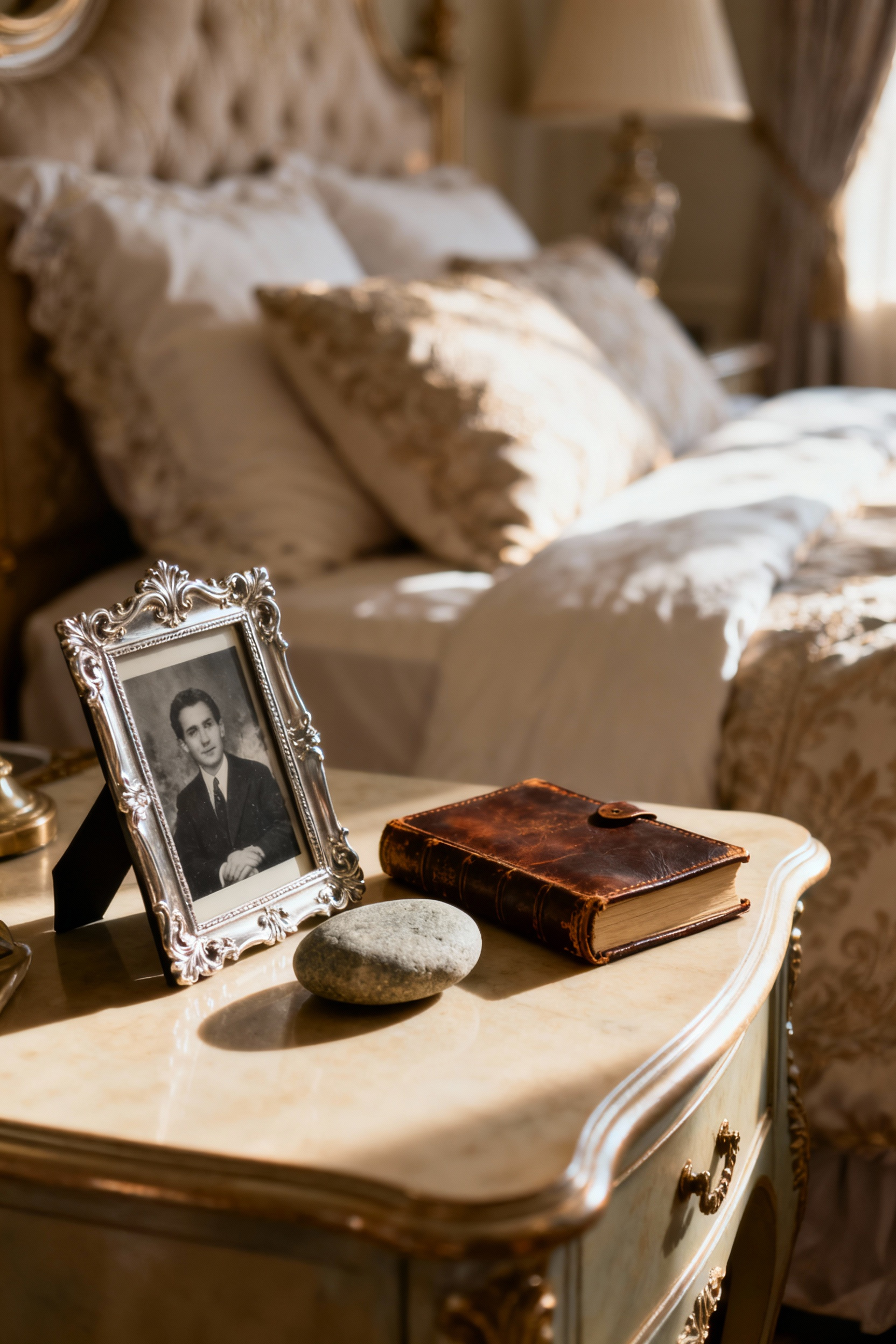 A bedside table vignette with a framed photo, smooth river stone, and antique journal in a softly lit, cozy bedroom, embodying personal keepsakes.