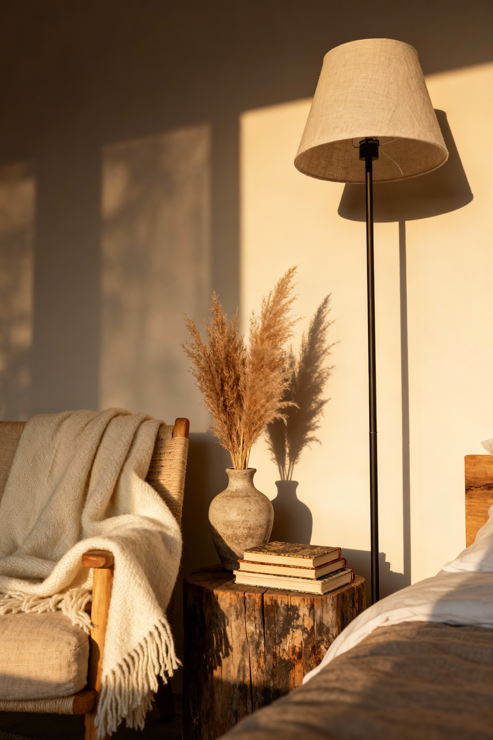 Portrait of a cozy bedroom corner with a linen armchair, wool throw, ceramic vase with pampas grass, and warm lamp light, symbolizing a defined aesthetic.