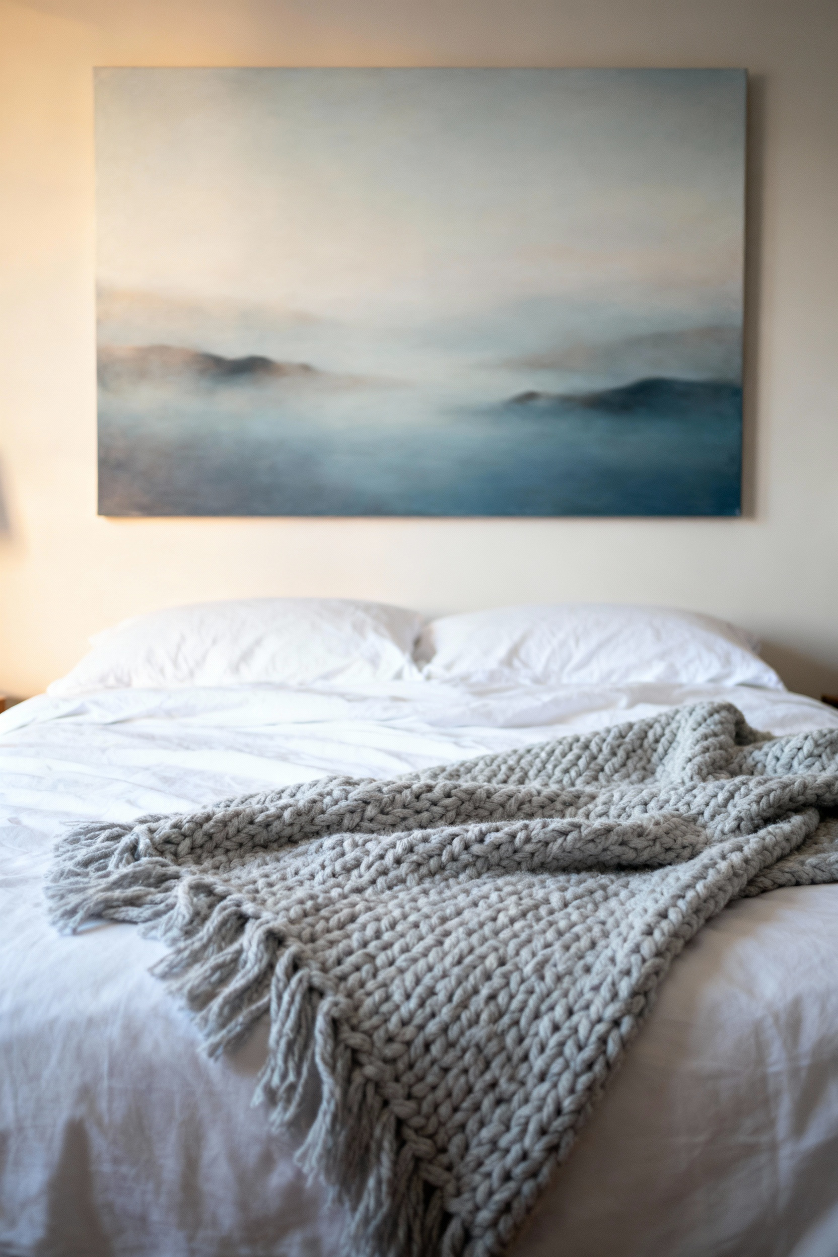 A portrait view of a serene bedroom, featuring a large, subtly blurred abstract diffused artwork with muted tones above the bed, creating a peaceful and visually harmonious environment.