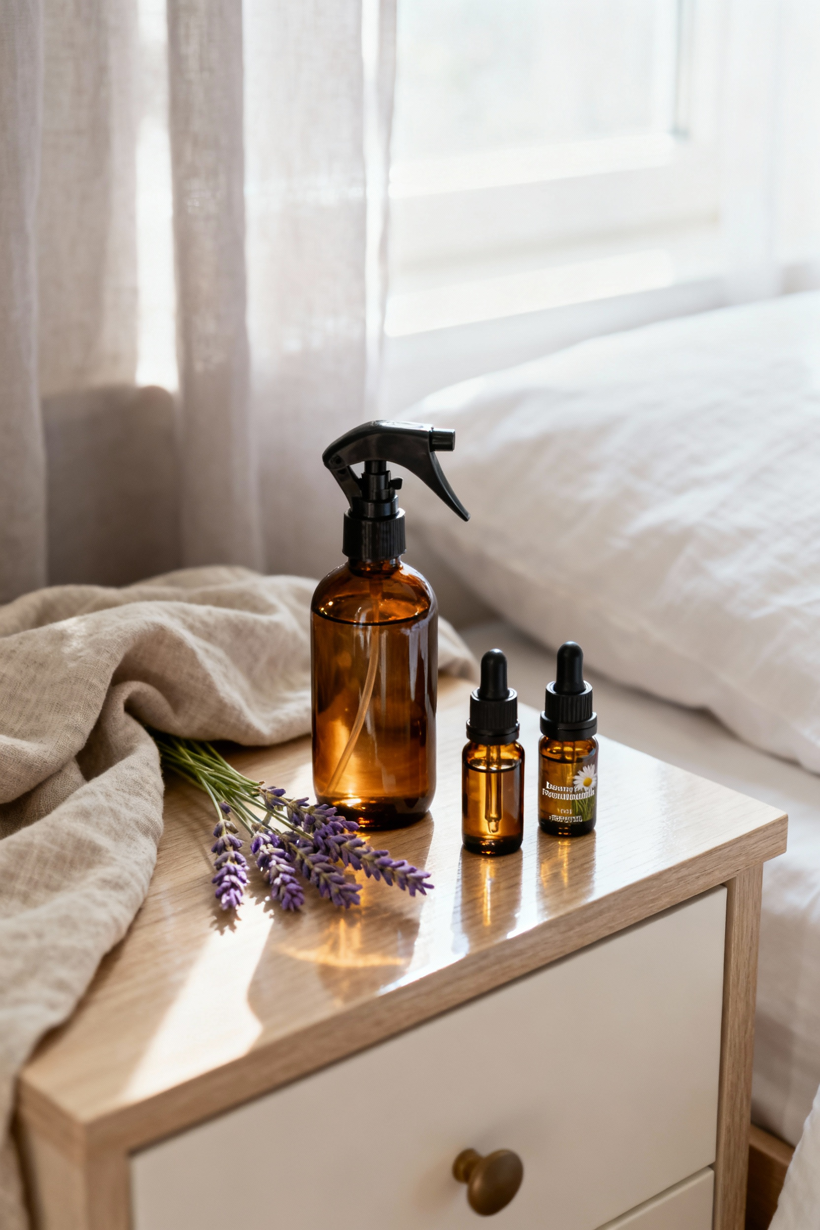 Still life of an amber spray bottle, essential oil bottles of lavender and chamomile, and fresh lavender sprigs on a wooden surface, ready for an aromatic sleep mist ritual.