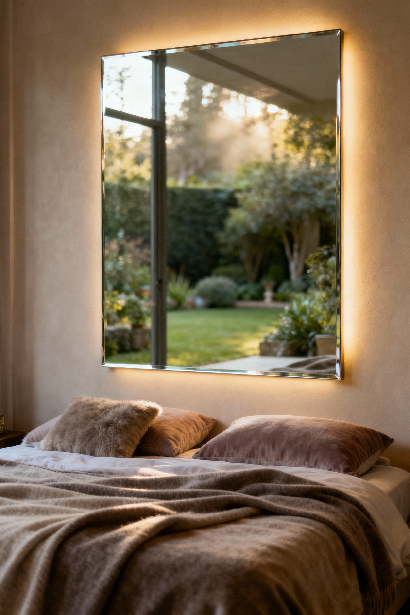 Cozy bedroom featuring a seamless antique mercury glass mirror reflecting a serene garden view, expanding tranquility and diffusing soft natural light for a deeply cozy atmosphere.