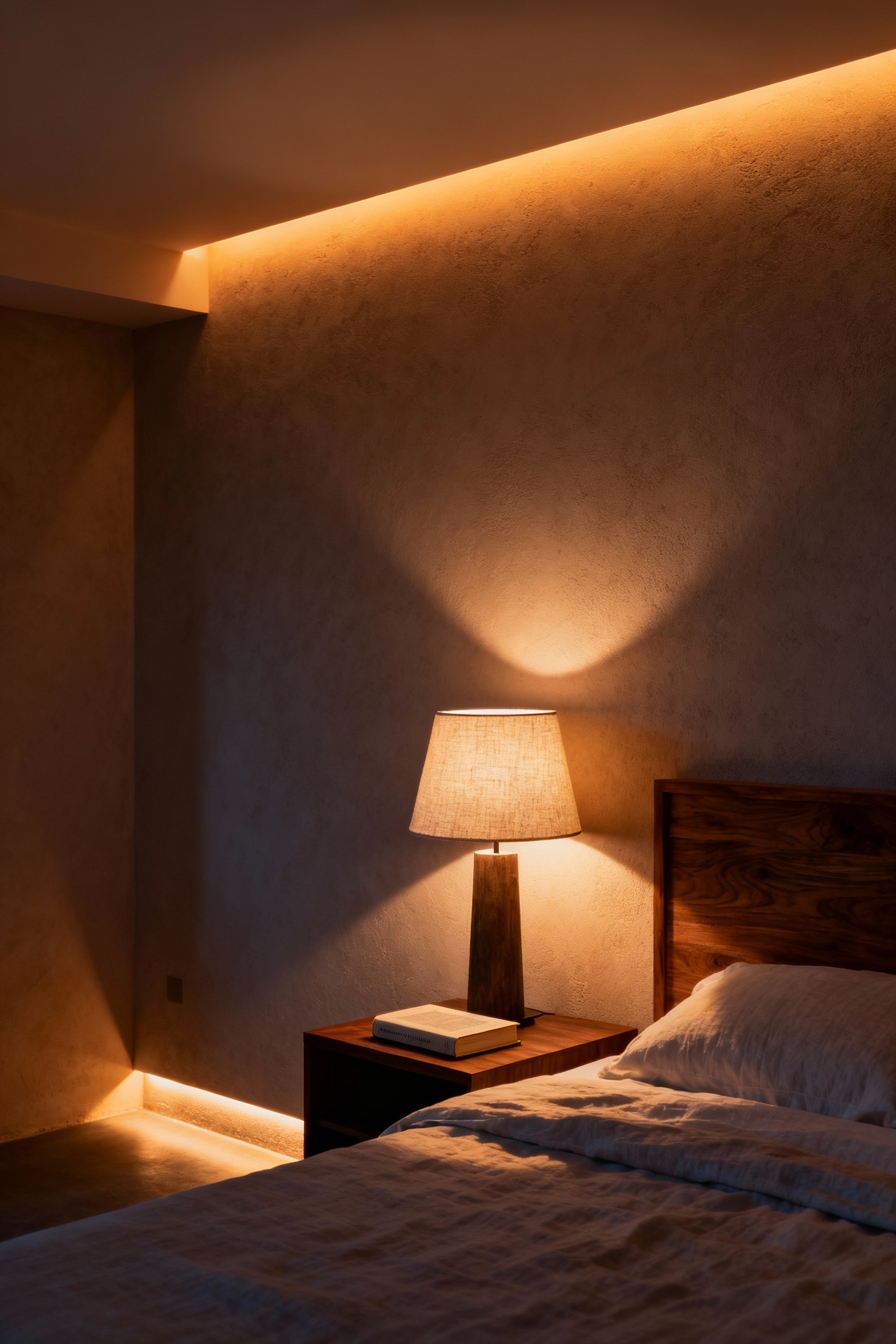 Bedroom with soft, layered lighting, including bedside lamps, cove lighting, and subtle floor lights, creating a warm and deep atmospheric depth.