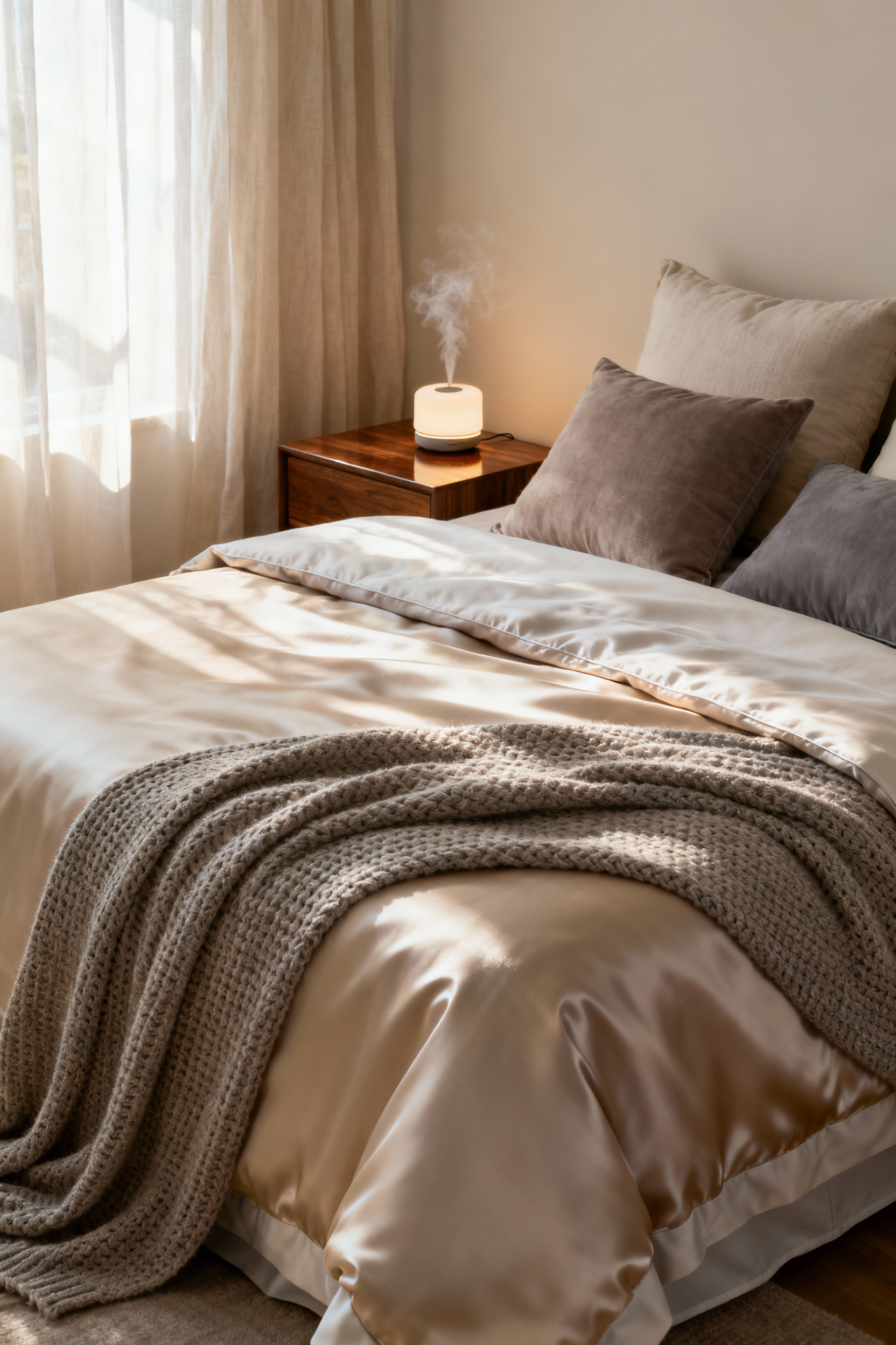 Luxurious layered bedding in a serene cozy bedroom with soft natural light, plush pillows, silk duvet, cashmere throw, and an aromatherapy diffuser creating an indulgent sleep sanctuary.