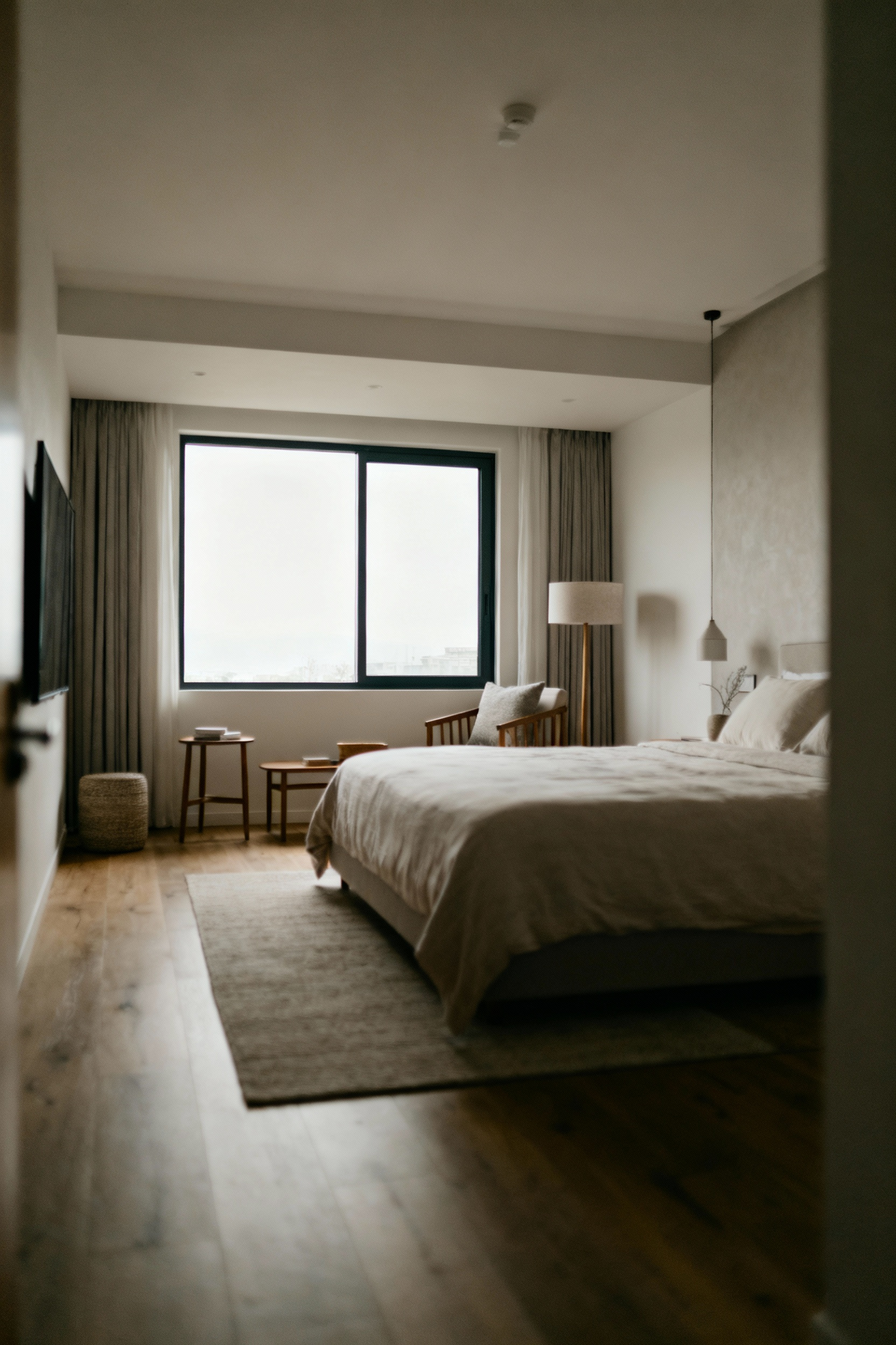 A serene and spacious cozy bedroom with thoughtfully arranged furniture creating clear, unobstructed pathways for optimal spatial flow, bathed in soft, natural light, exuding uninterrupted tranquility.