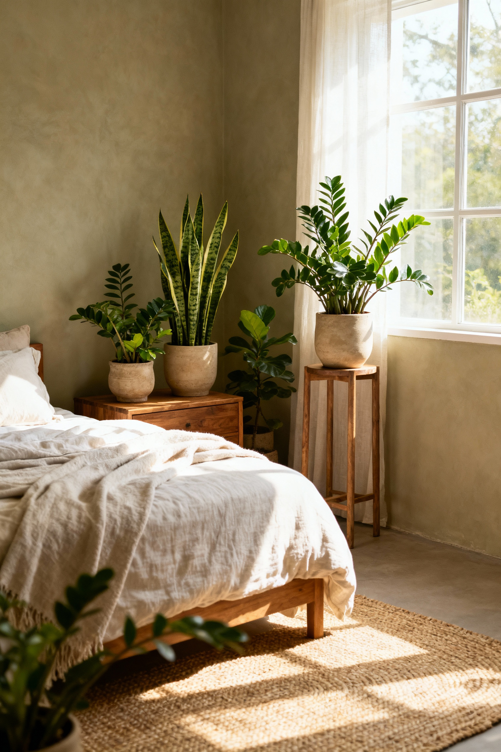 A serene biophilic bedroom showcasing natural wood furniture, organic cotton bedding, and various lush green plants in ceramic pots, illuminated by soft natural light. No people are present.