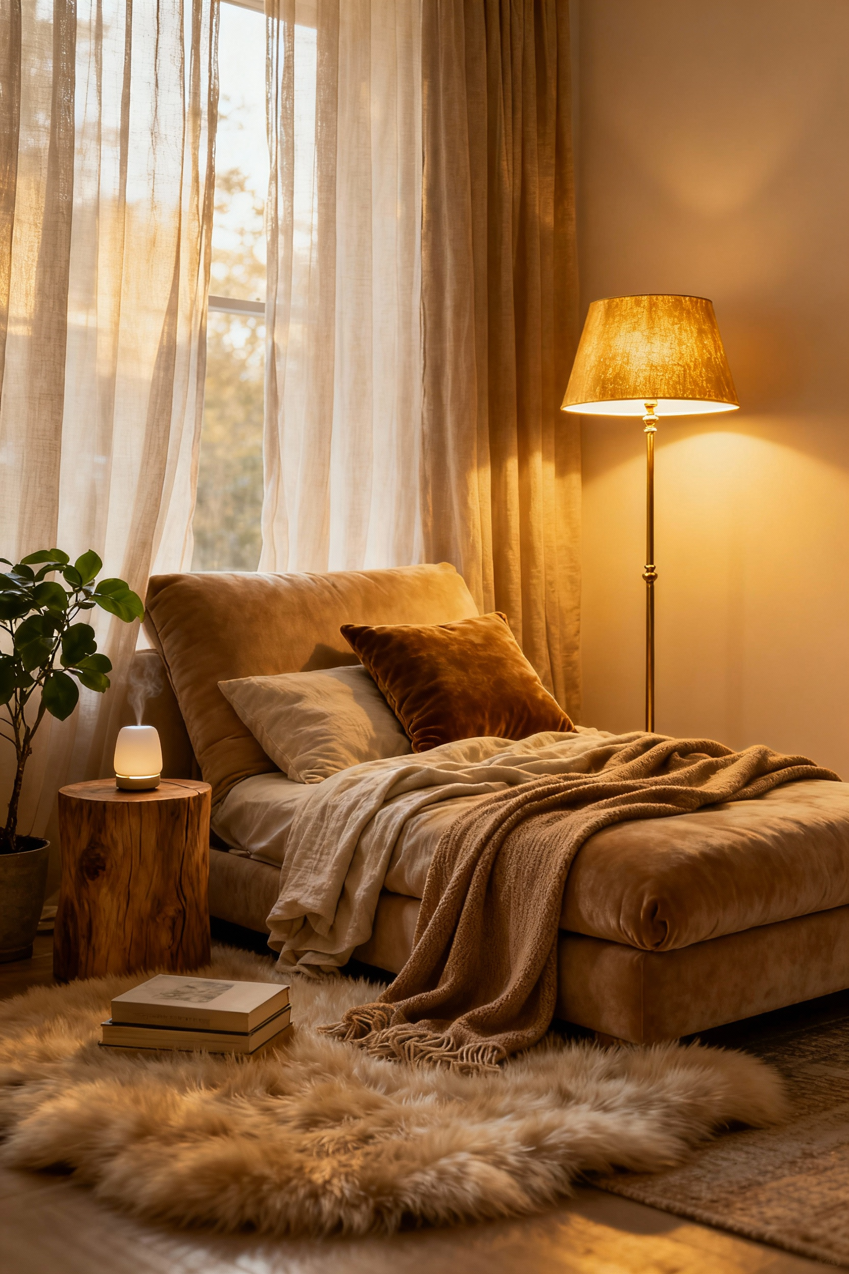 A cozy Hygge-inspired bedroom nook with a plush chaise, soft blankets, sheepskin rug, warm lighting, and a plant, designed for quiet contemplation.