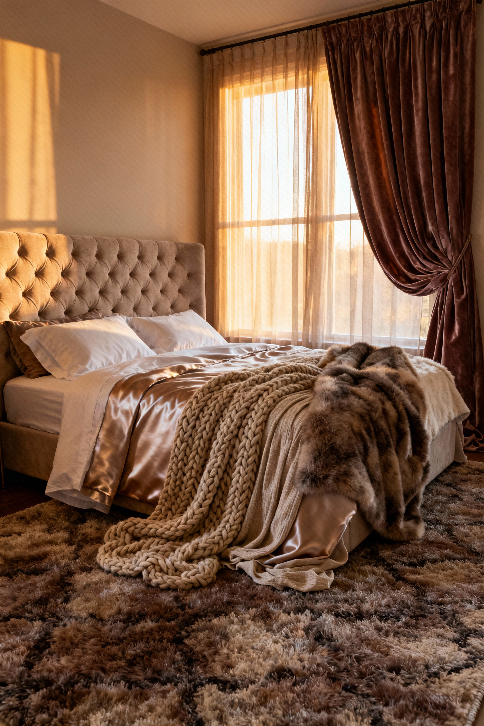 A serene and luxurious bedroom corner showcasing an upholstered headboard, multiple layered throws in cashmere and faux fur, organic cotton sheets, and a deep-pile rug, all creating rich haptic textures in warm, soft light.