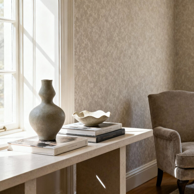 Elegantly curated living room corner with a console table displaying art objects and books, symbolizing personal design identity and enduring style.