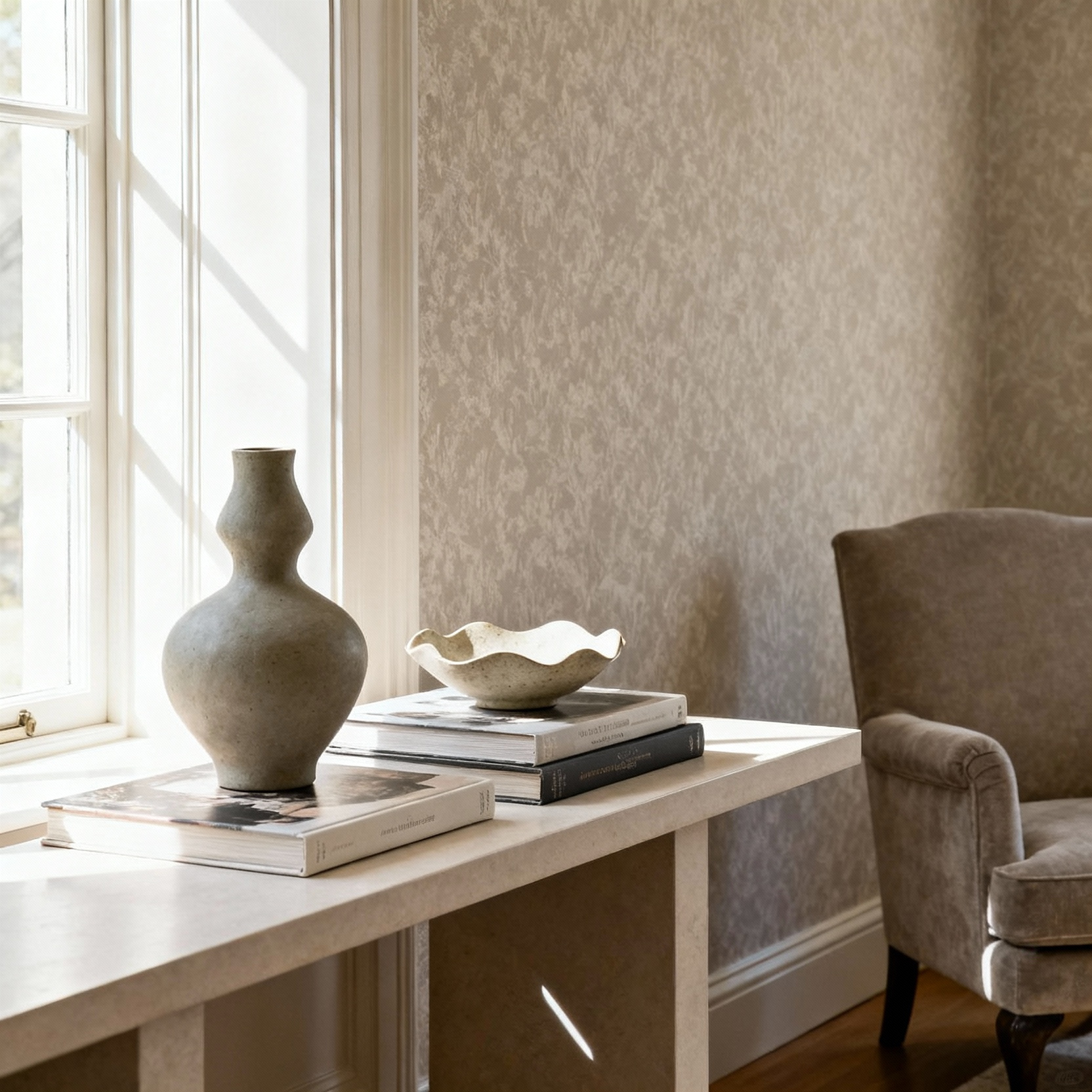 Elegantly curated living room corner with a console table displaying art objects and books, symbolizing personal design identity and enduring style.