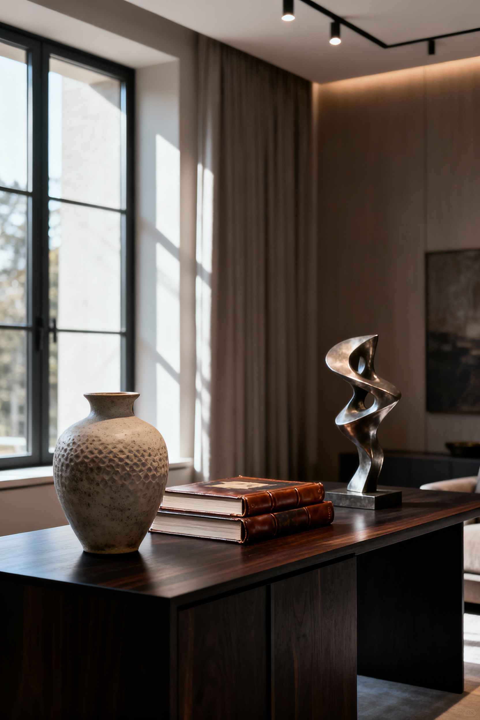 A sophisticated living room vignette featuring a curated collection of a ceramic vase, art books, and a sculpture on a console table, highlighted by soft lighting, demonstrating intentional display of artifacts.