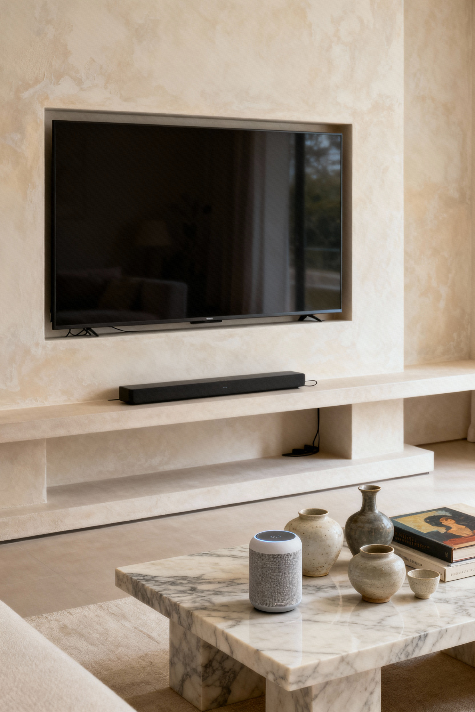 A modern living room featuring a large, flush-mounted television integrated into a Venetian plaster wall above a custom media console, with a smart speaker subtly placed on a styled side table amidst decorative objects, showcasing discreet technological integration.