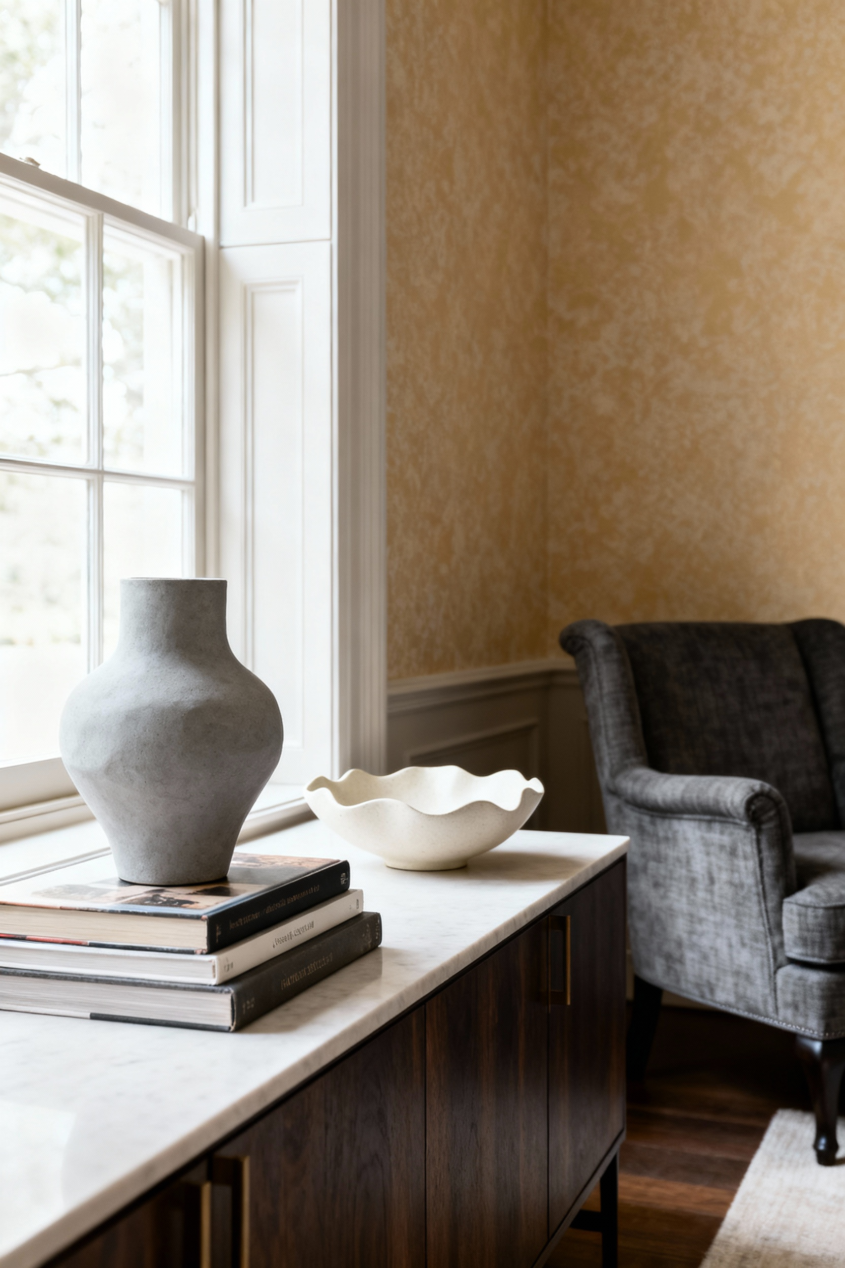 Elegantly curated living room corner with a console table displaying art objects and books, symbolizing personal design identity and enduring style.