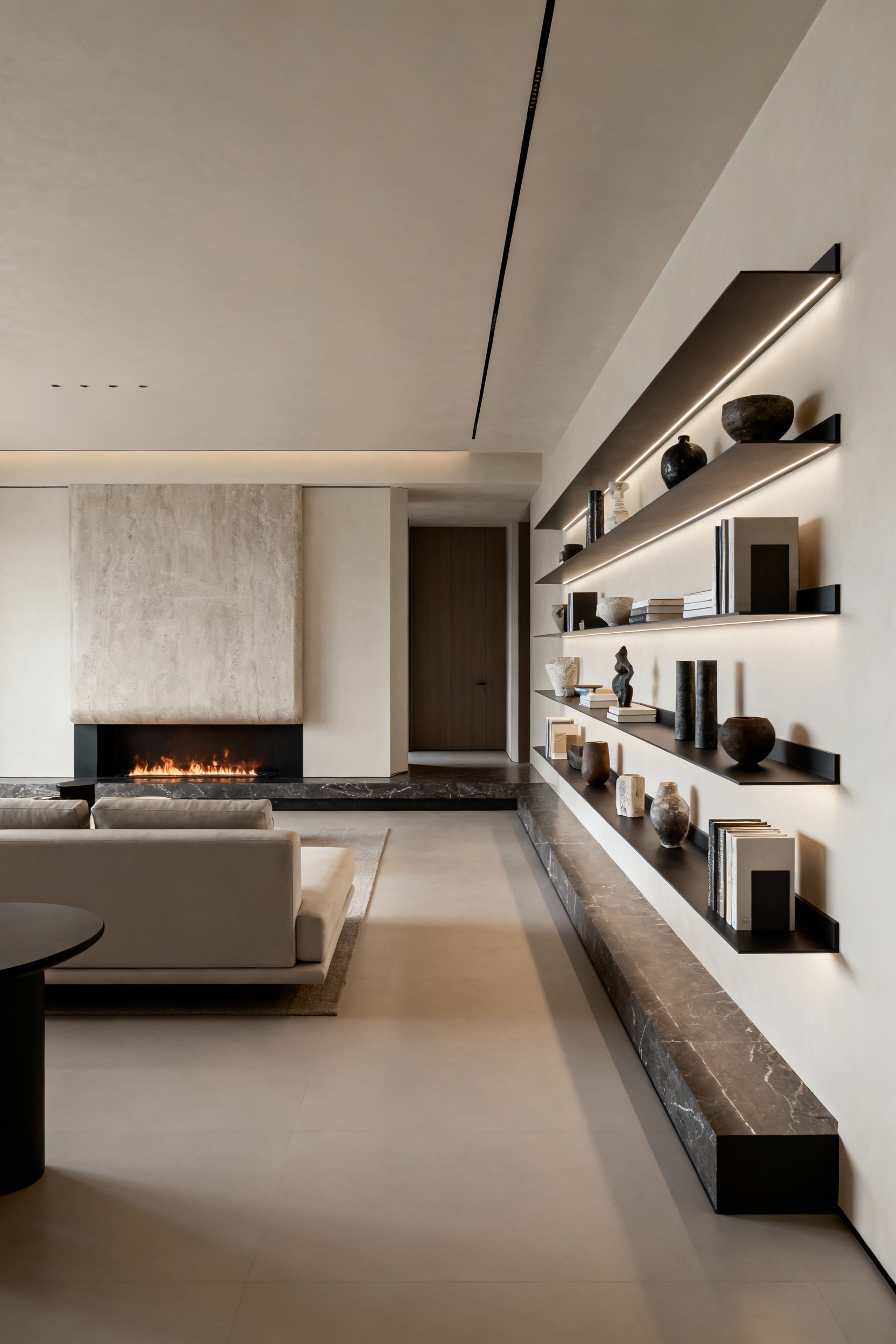 A luxurious living room designed with intentional visual flow, featuring a long sofa, curated decorative objects on shelves, and clear lines that guide the viewer's eye through the elegant space, highlighting bespoke luxury design principles.