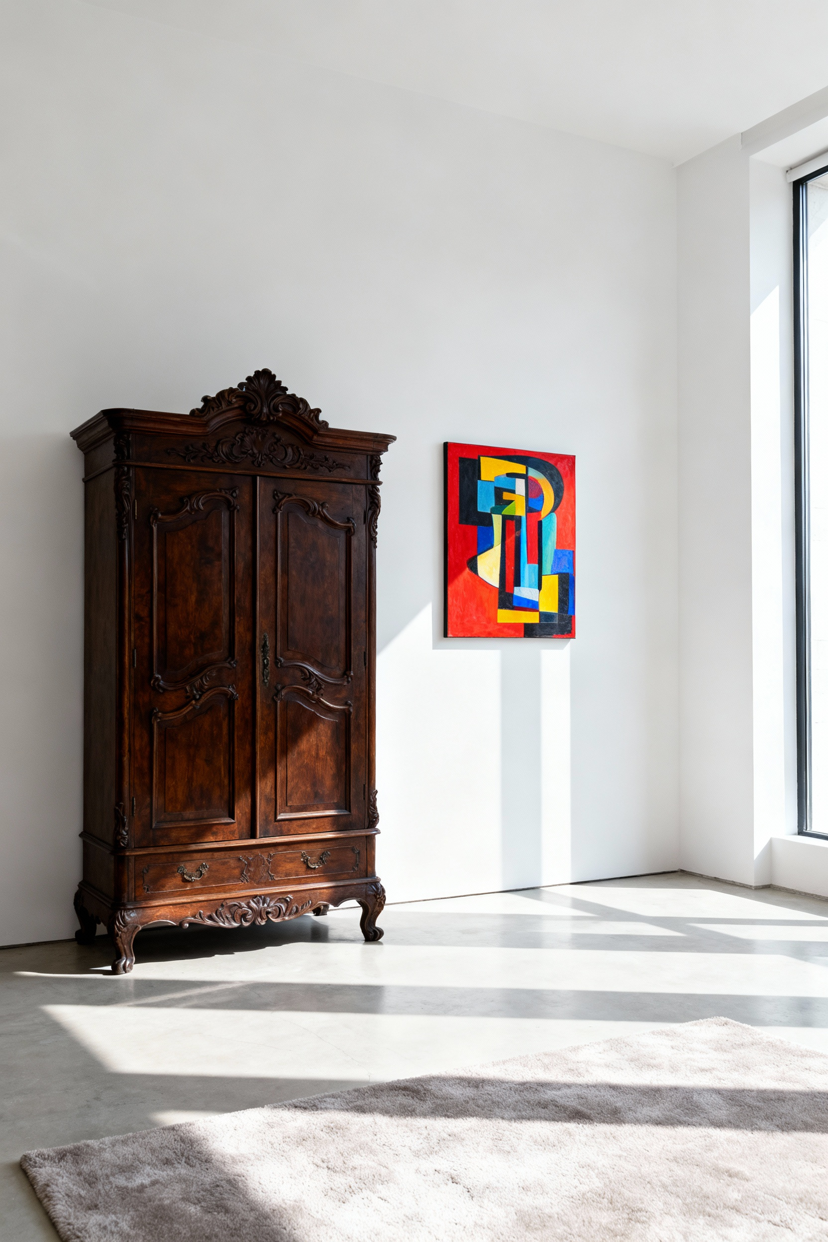 A luxurious living room featuring an antique carved armoire positioned against a minimalist white wall with vibrant modern abstract art, demonstrating harmonized opposing design elements for dynamic style.