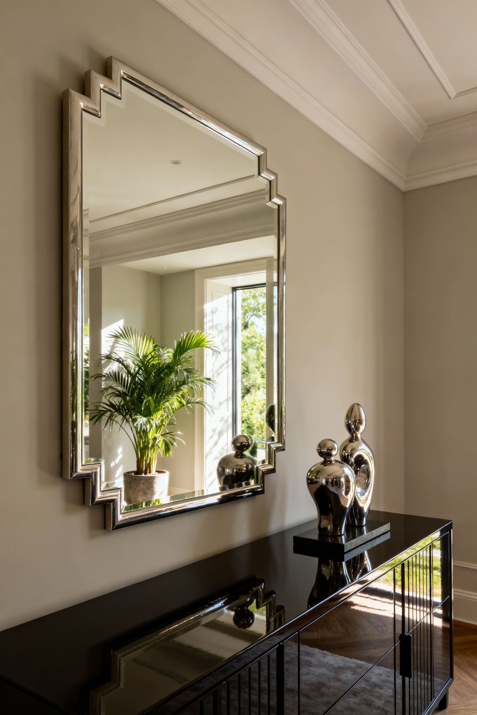 Elegant living room featuring a tall, ornate gold-framed mirror reflecting bright natural light and lush green foliage, next to a highly polished dark wood console table, creating depth and a sense of luxury in a sophisticated interior.