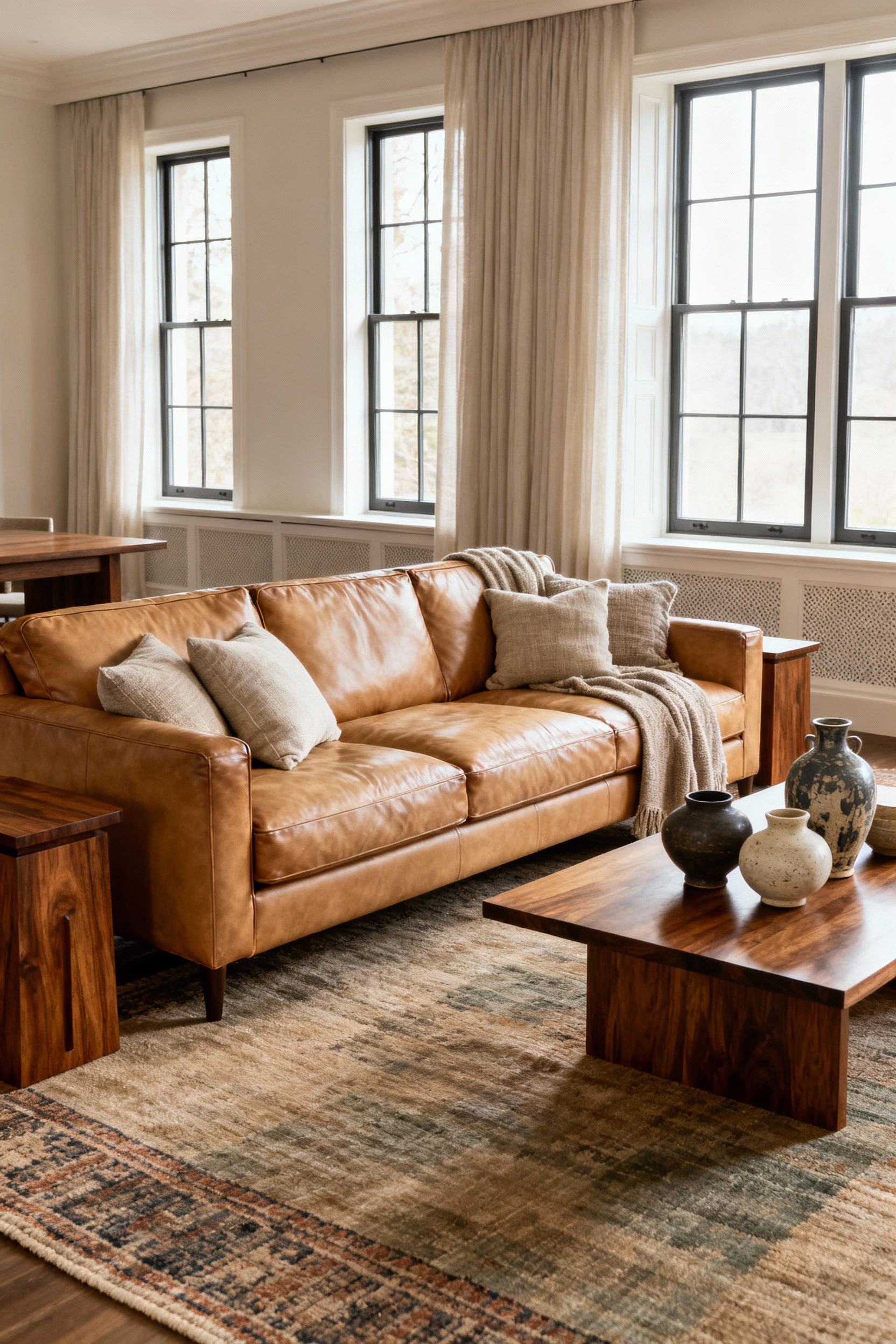A luxurious living room displaying a timeless leather sofa, artisan end tables, and a premium wool rug, all representing durable investment furniture pieces designed for lasting comfort and elegant style.