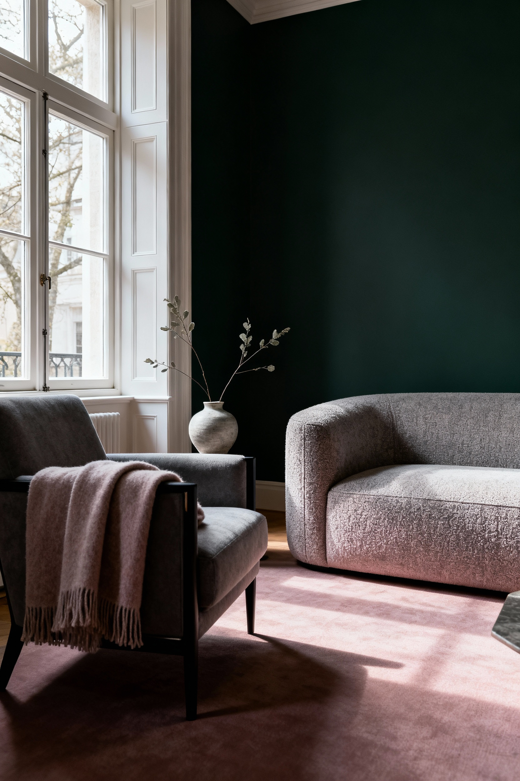 An elegant living room showcasing thoughtful color psychology with a harmonious palette creating a specific emotional atmosphere.