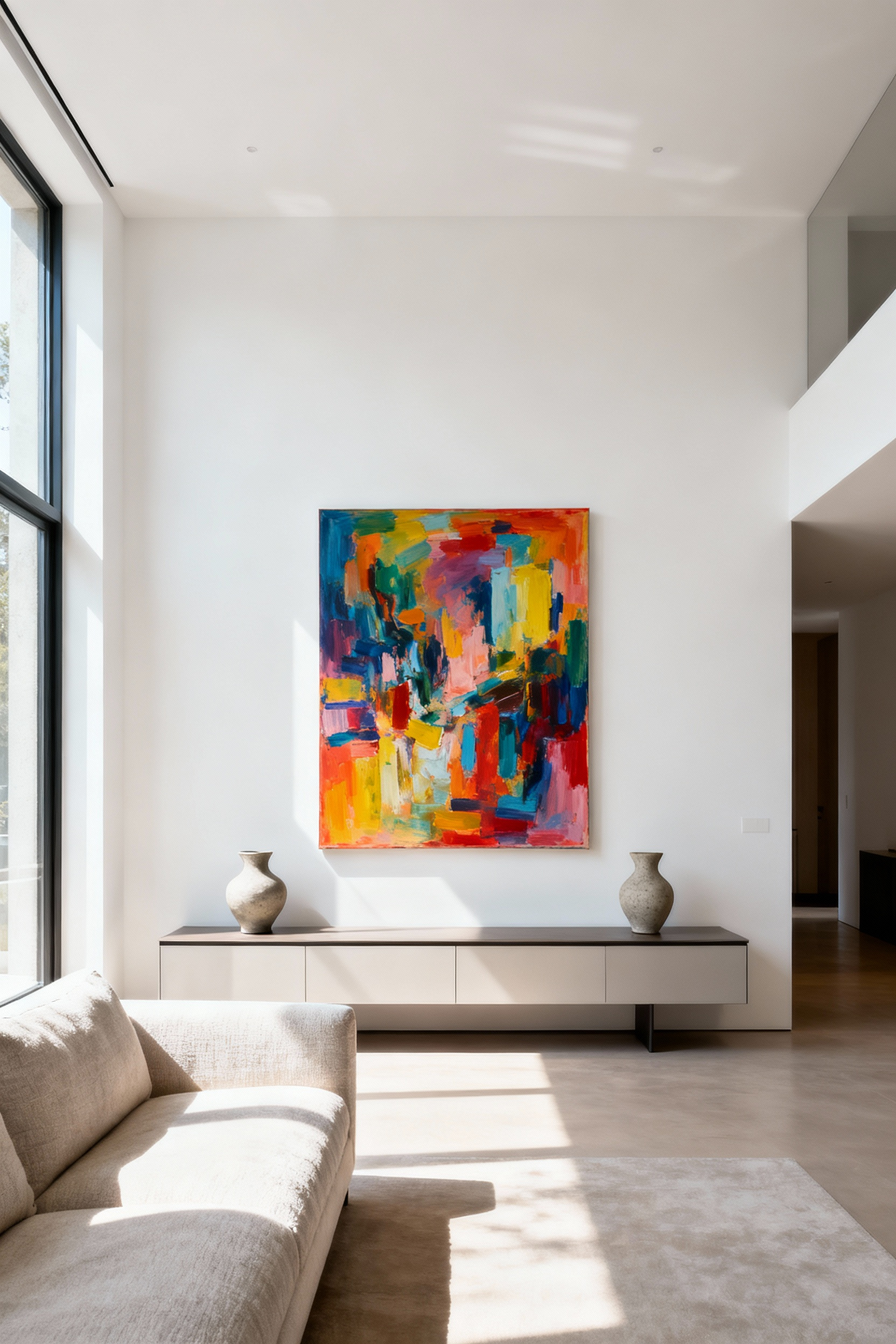 A minimalist living room with a large abstract painting on a white wall, showcasing significant negative space for a tranquil and sophisticated feel. A sleek credenza holds two sculptural vases.